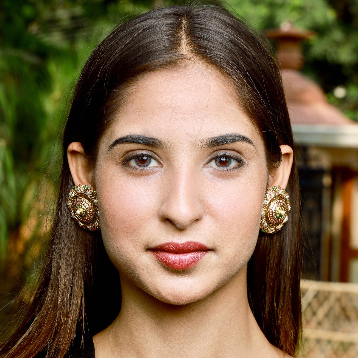 statement round jadau stud earrings gold plated silver