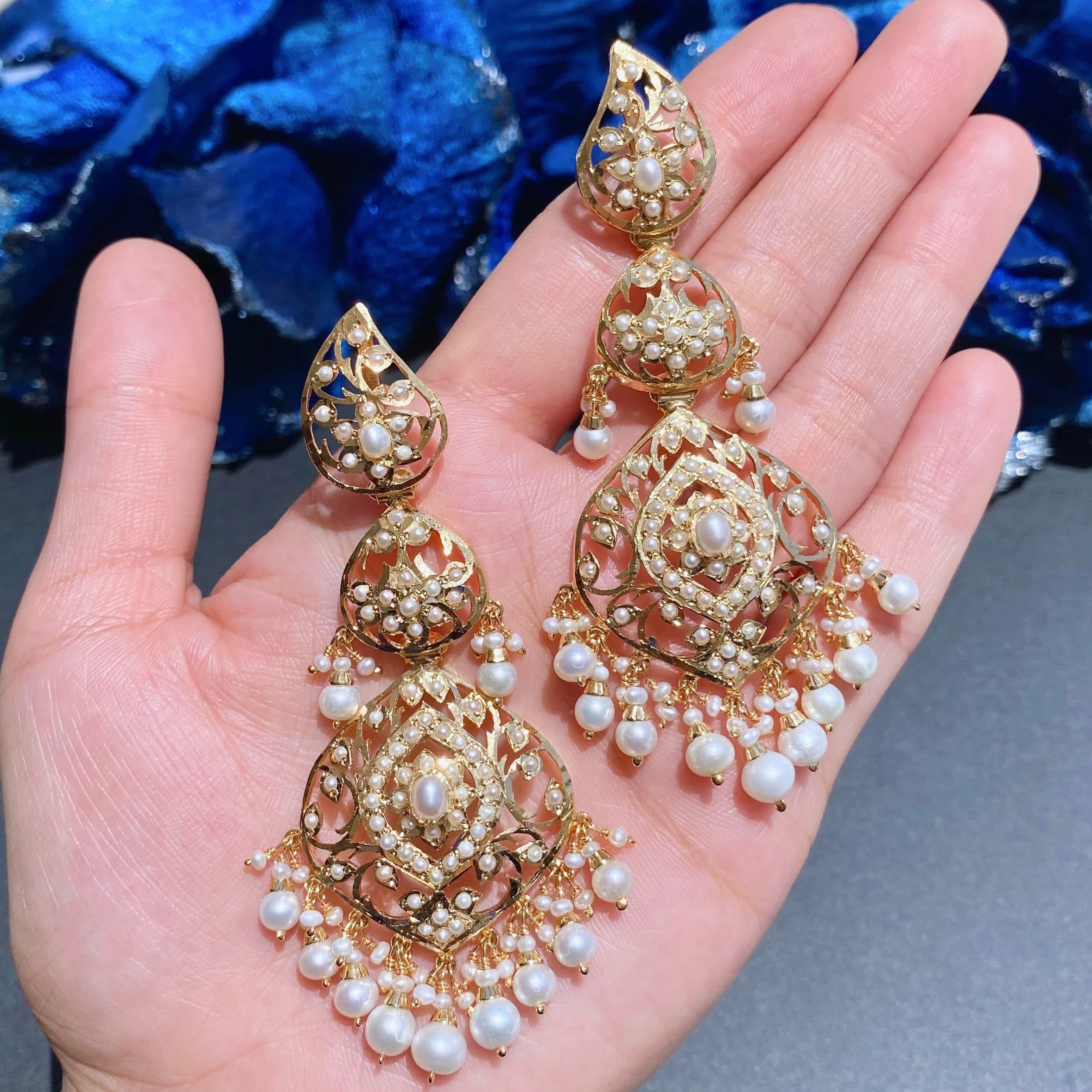 Stunning Jadau Earrings | Gold Plated on Silver | Real Freshwater Pearls ER 561