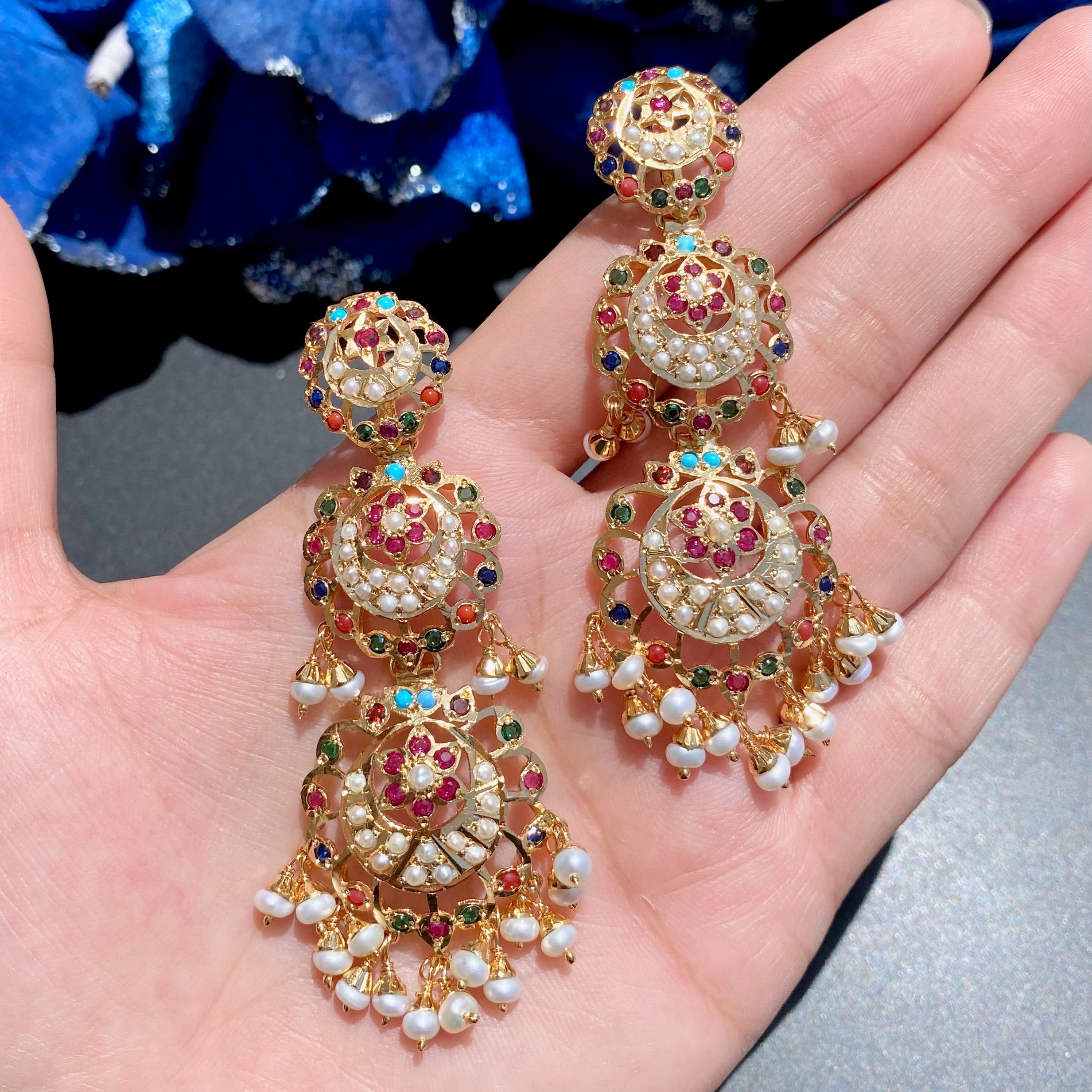 Exquisite Navaratna Necklace with Long Danglers | Premium Indian Jadau Jewelry on Silver with Gold Plating