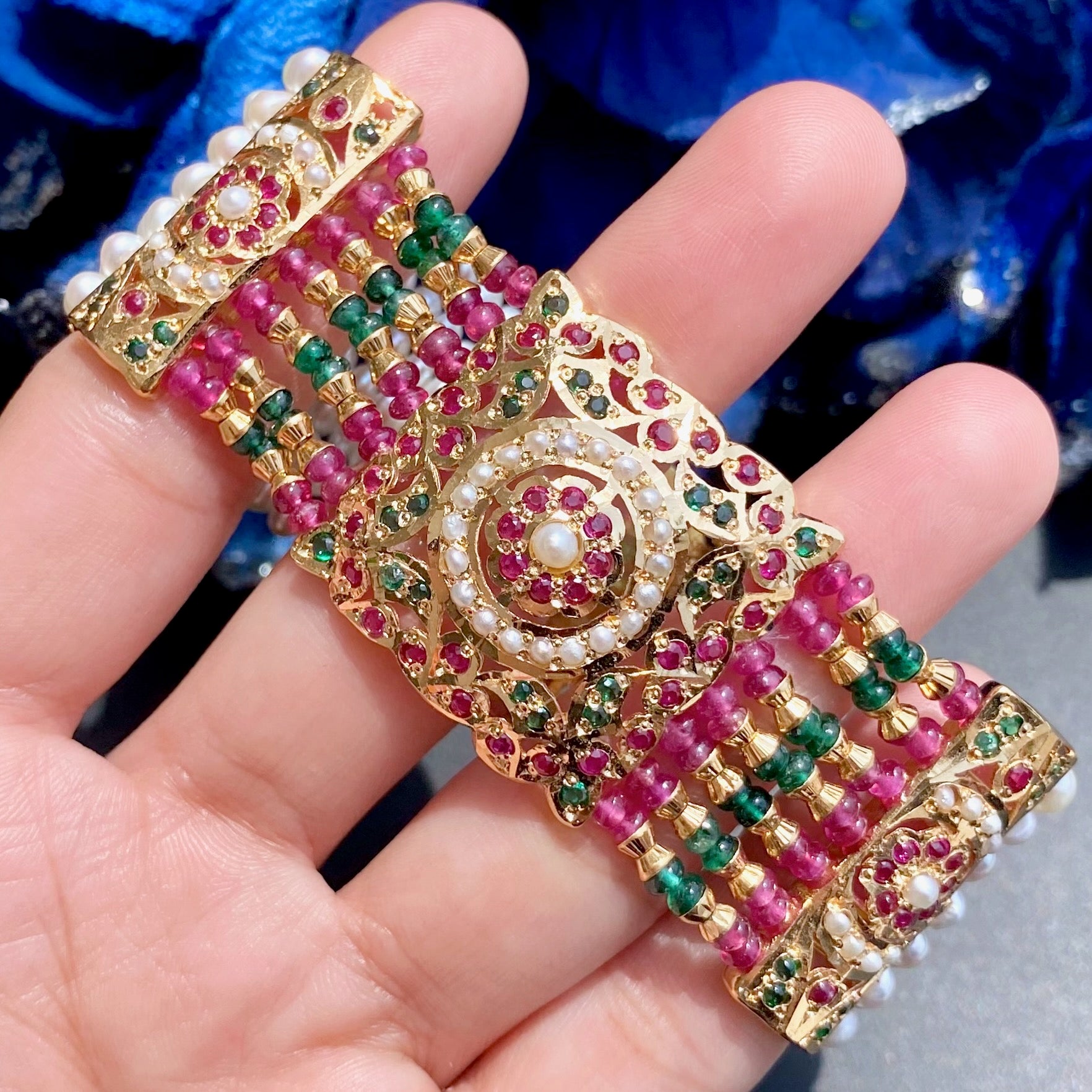 Traditional Punjabi Bracelet For Women | Ruby Emerald Pearl Combination | Gold Plated