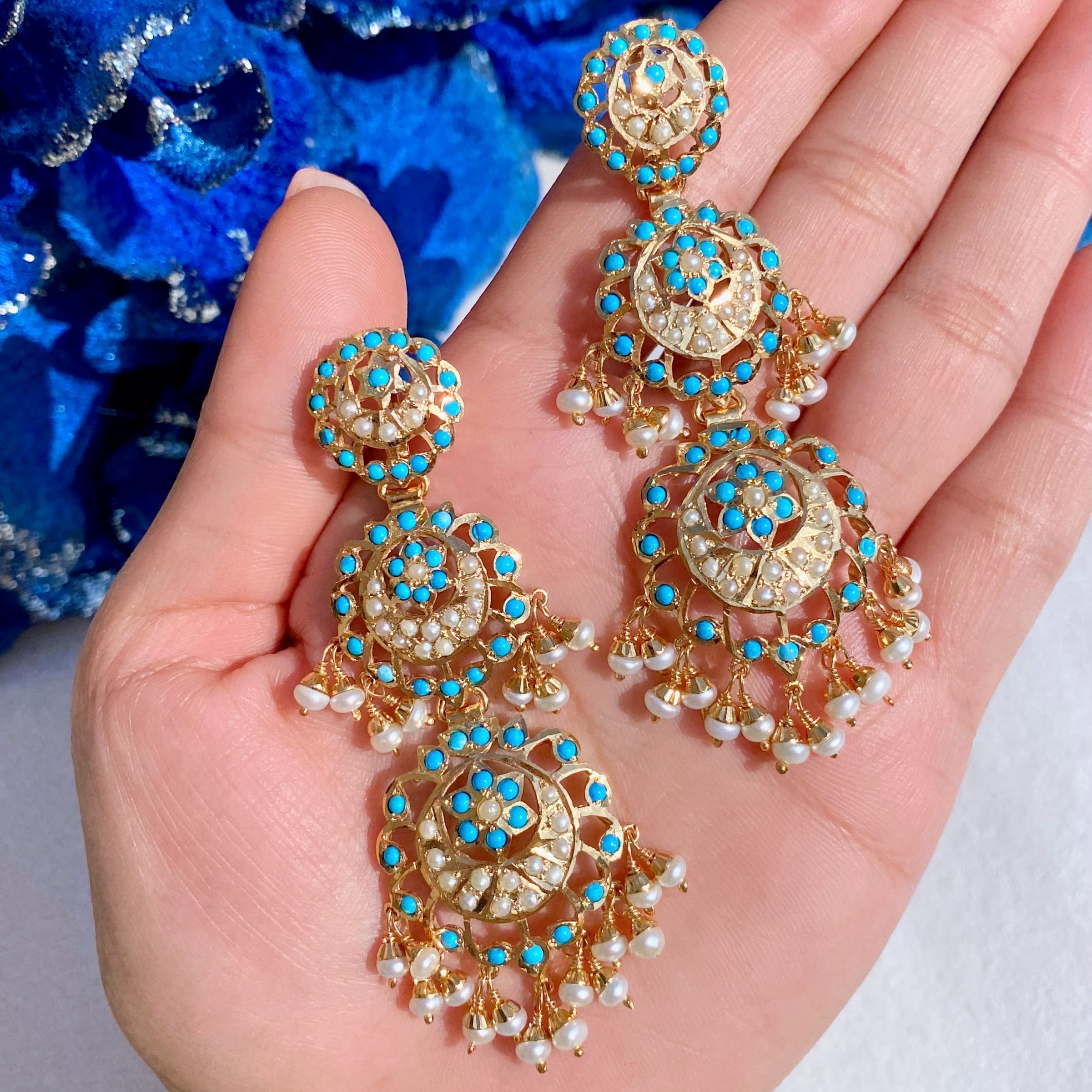 Tall Firoza Danglers | Gold Plated Turquoise Earrings on Silver Base ER 486