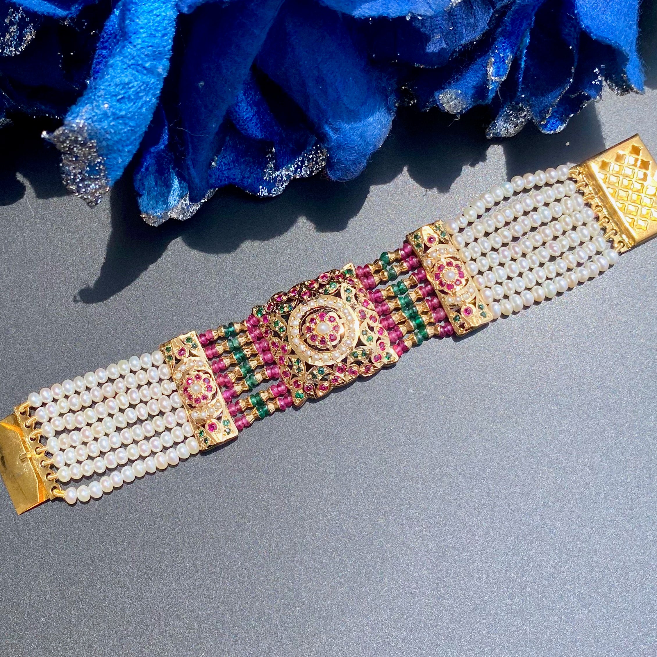 Traditional Punjabi Bracelet For Women | Ruby Emerald Pearl Combination | Gold Plated