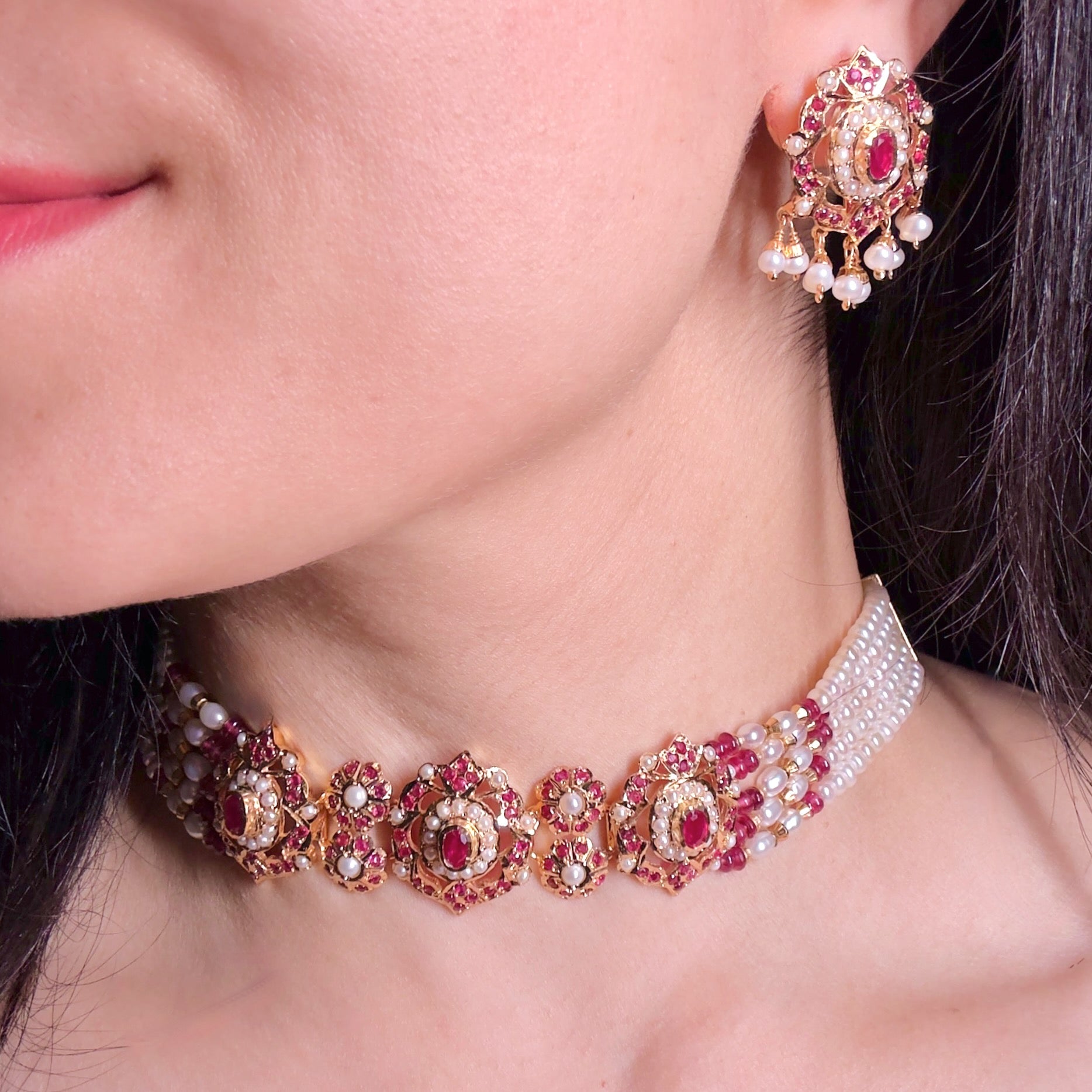 Choker Set For Women | Gold Plated on Silver | Ruby Pearl Combination NS 381