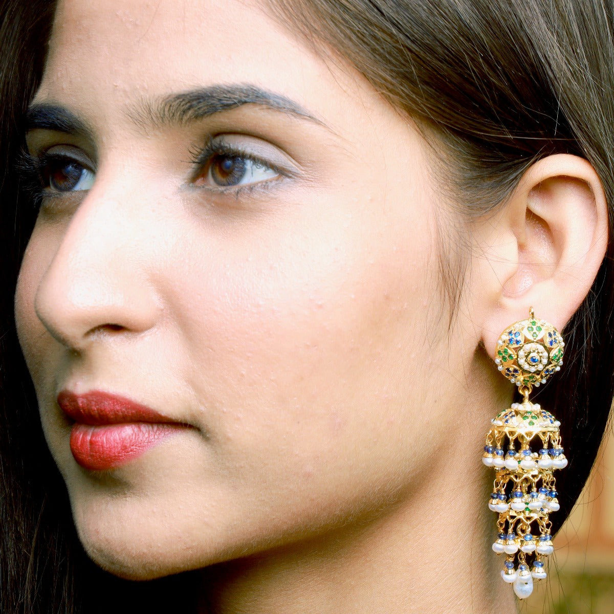 jadau tripple jhumka earrings long slender design gold plated silver