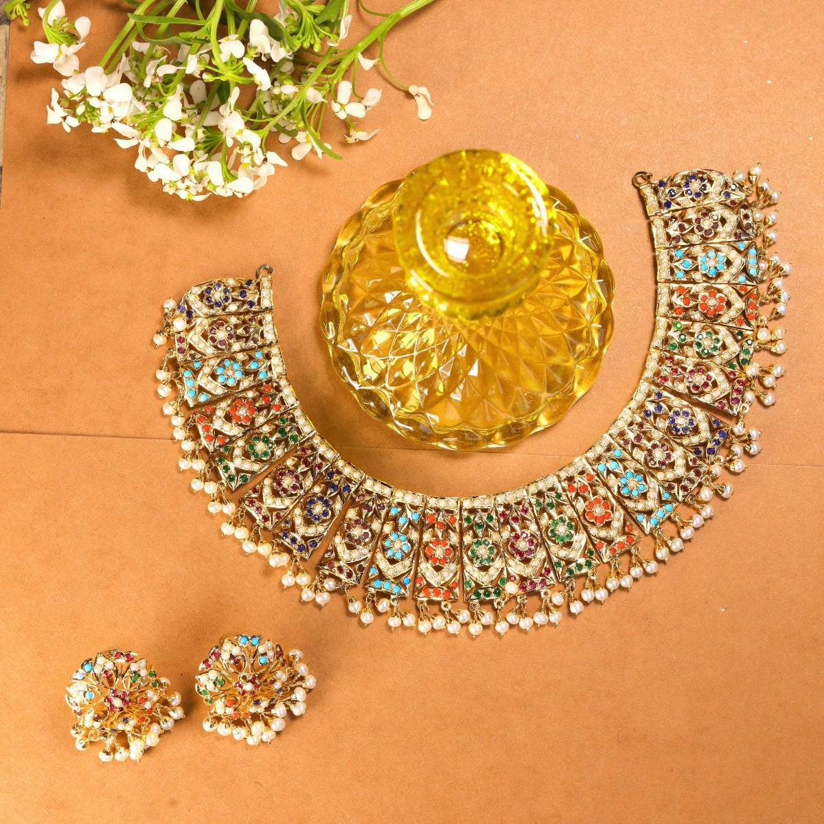 designer navratna necklace on silver