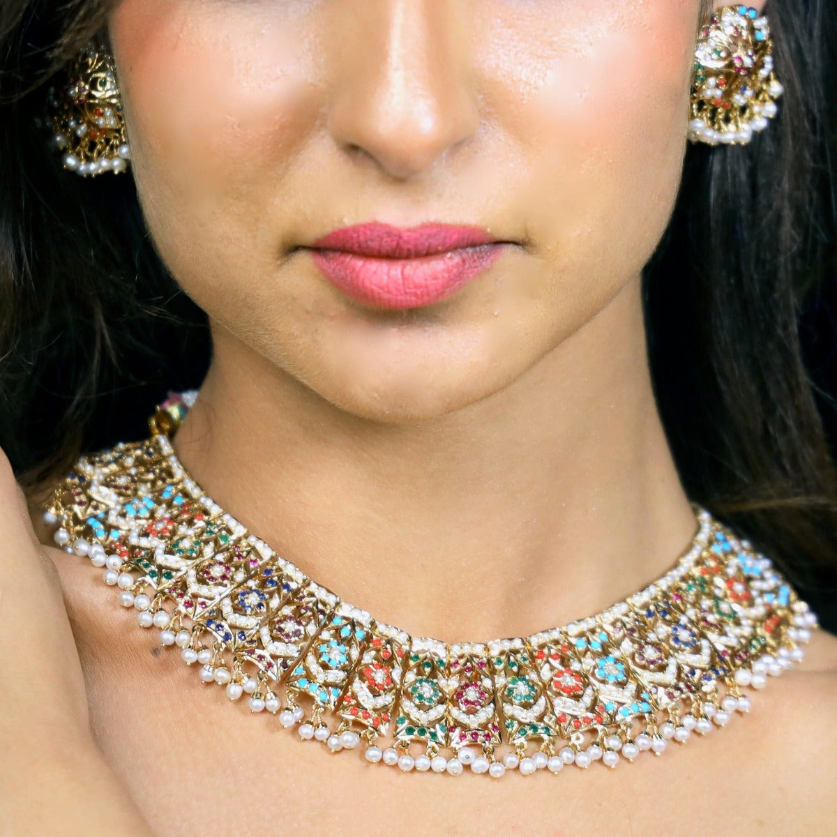 designer navratna necklace on silver