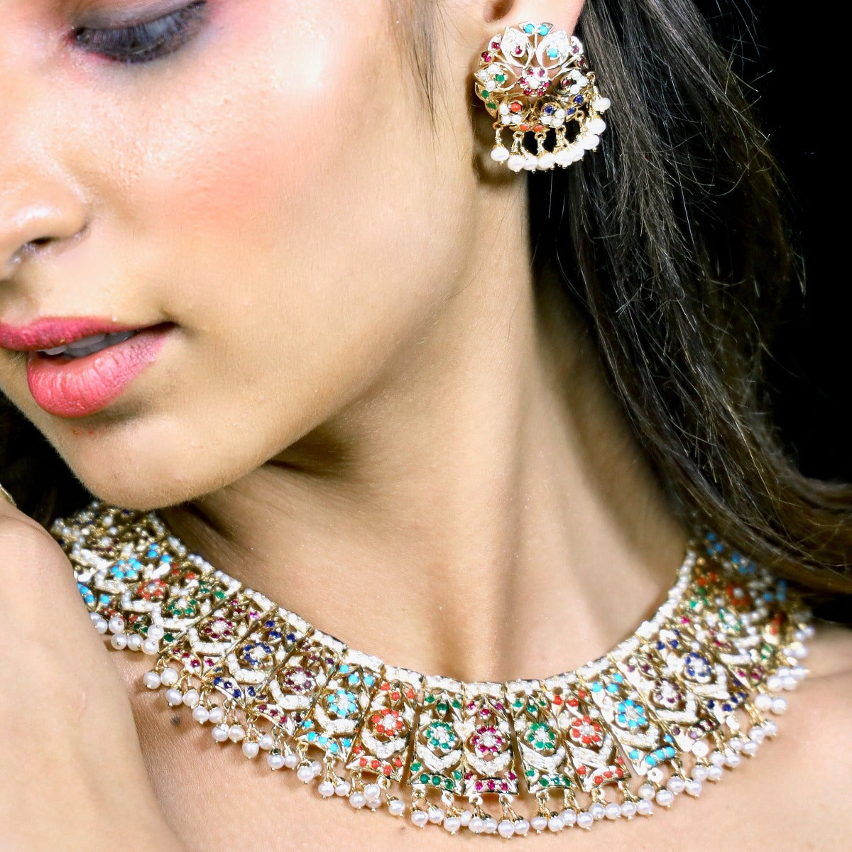 designer navratna necklace on silver