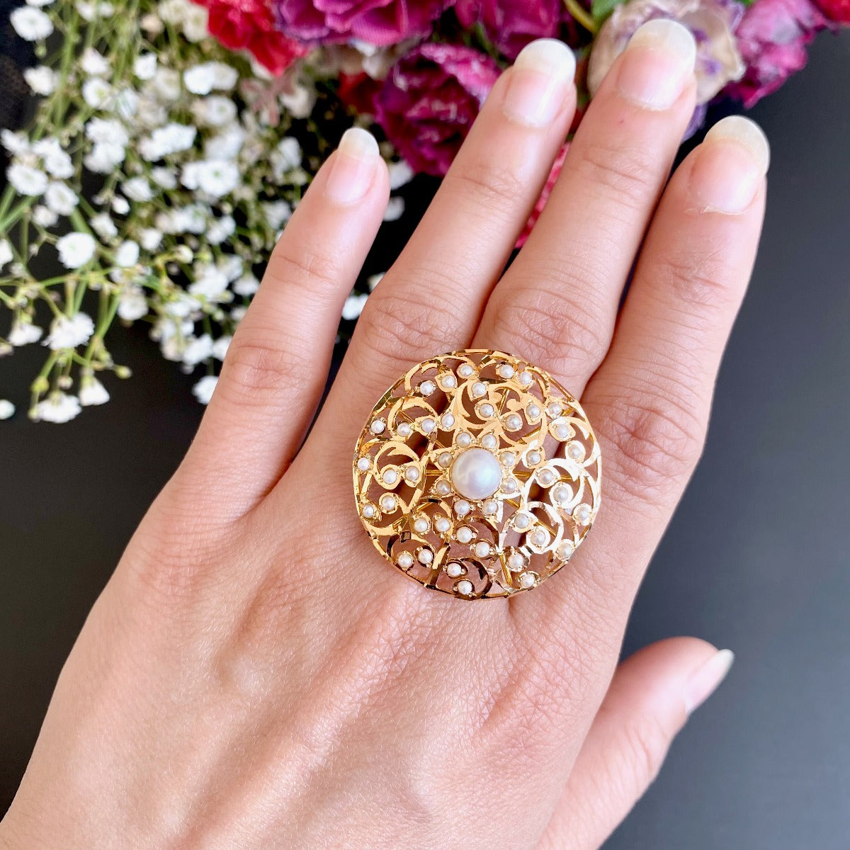hyderabadi pearl cocktail ring gold