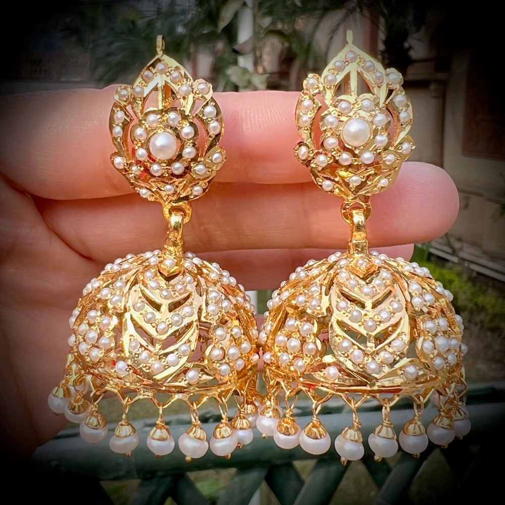 Red stone and pearl on sale jhumkas