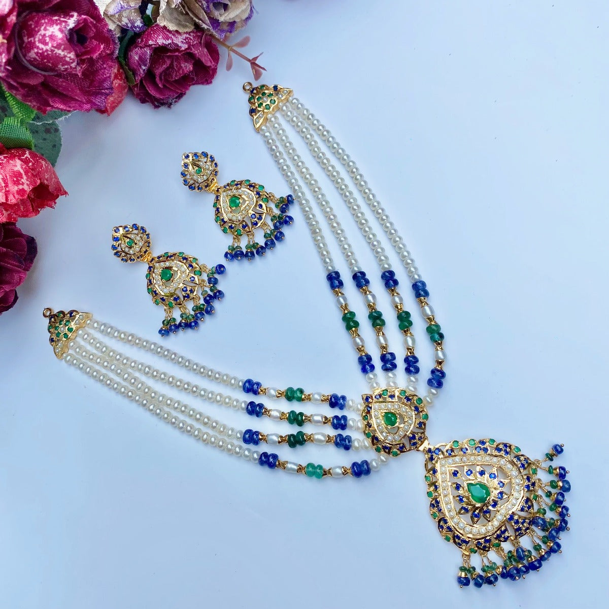gold plated blue sapphire choker set