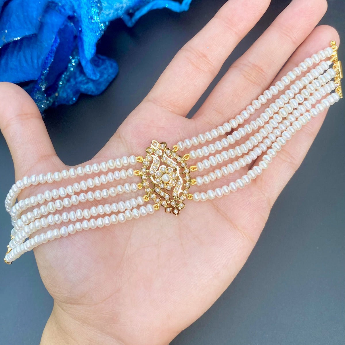 Delicate Pearl Bracelet in 22ct Gold Multi Strand Pearl Bracelet