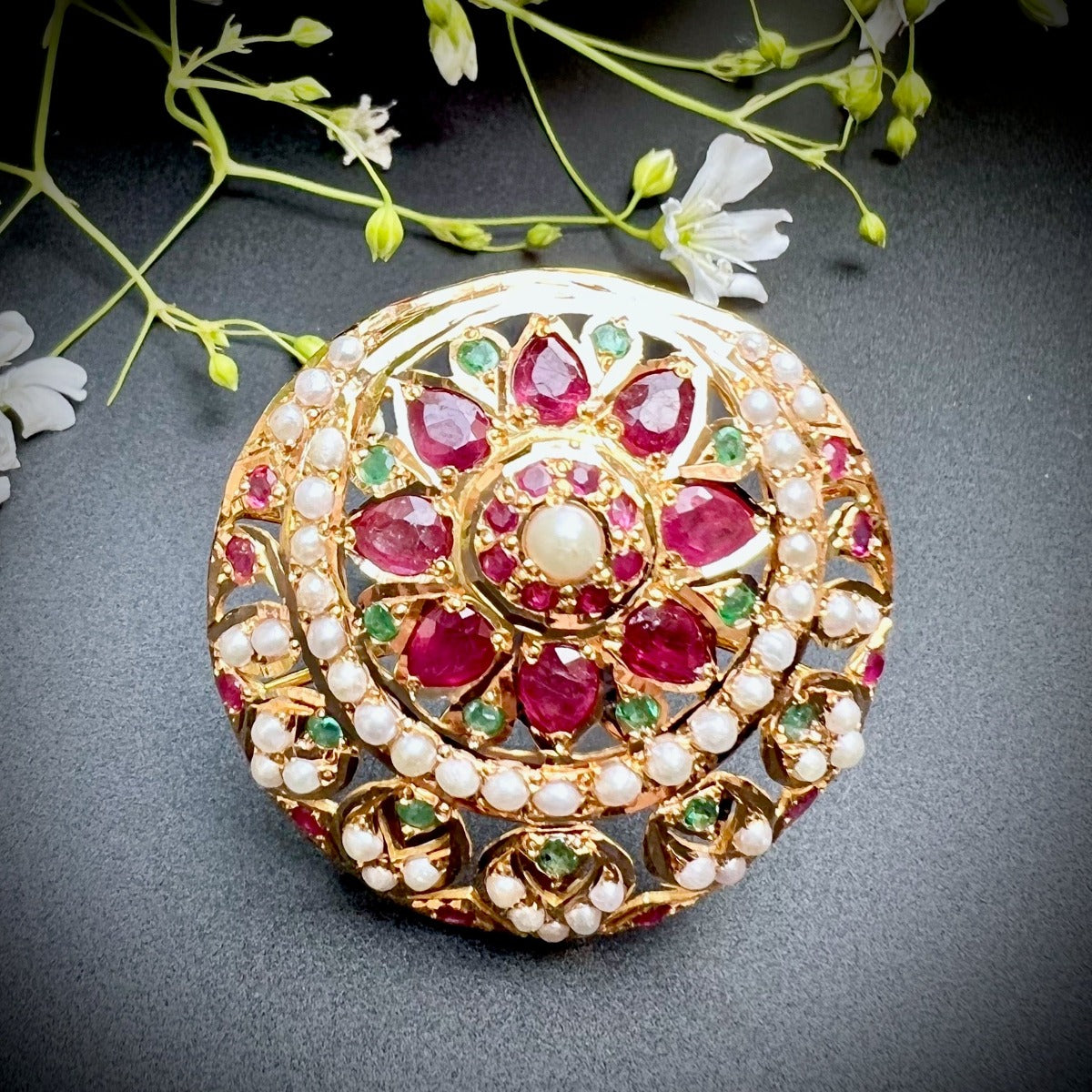 womens gold ring ruby emerald