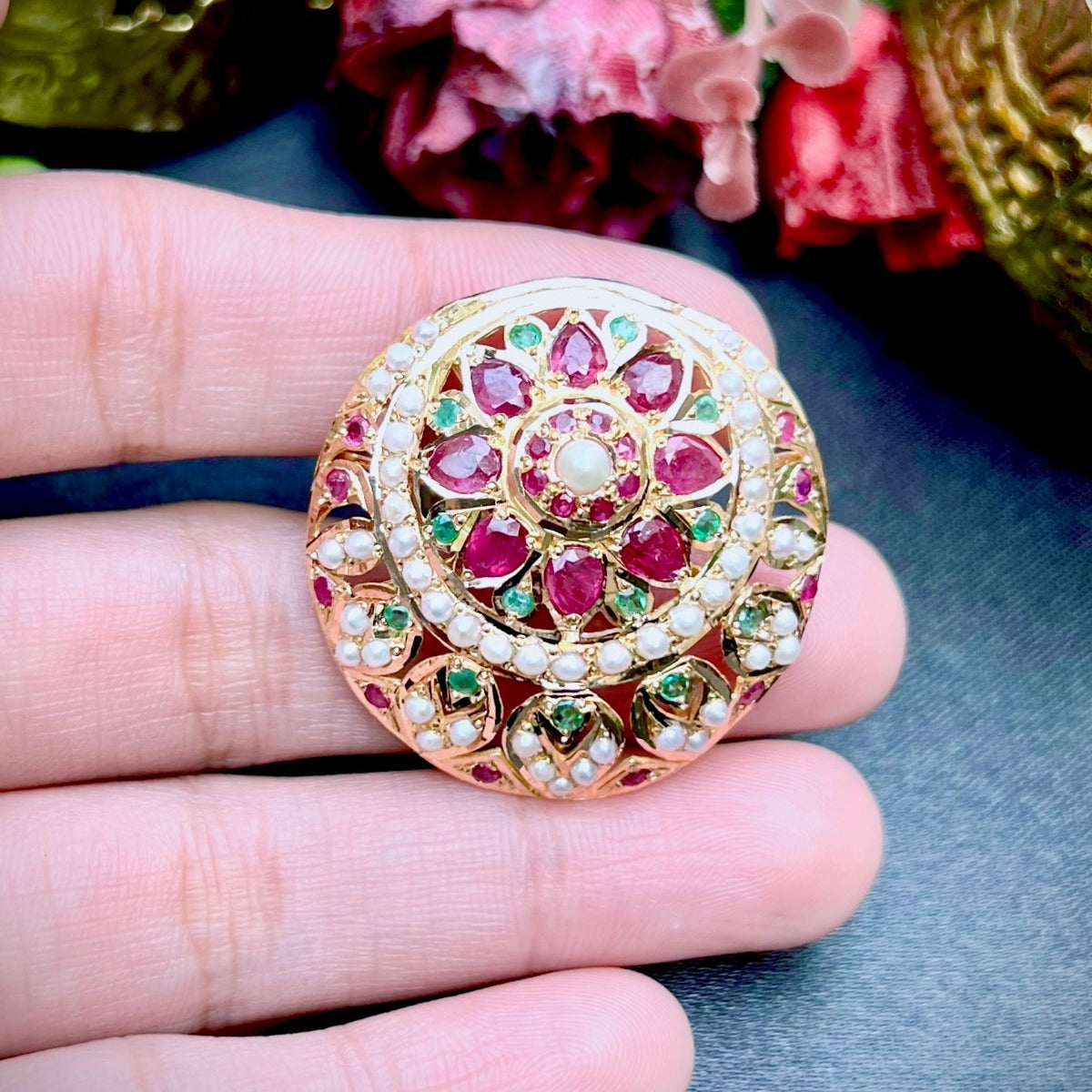 womens gold ring ruby emerald