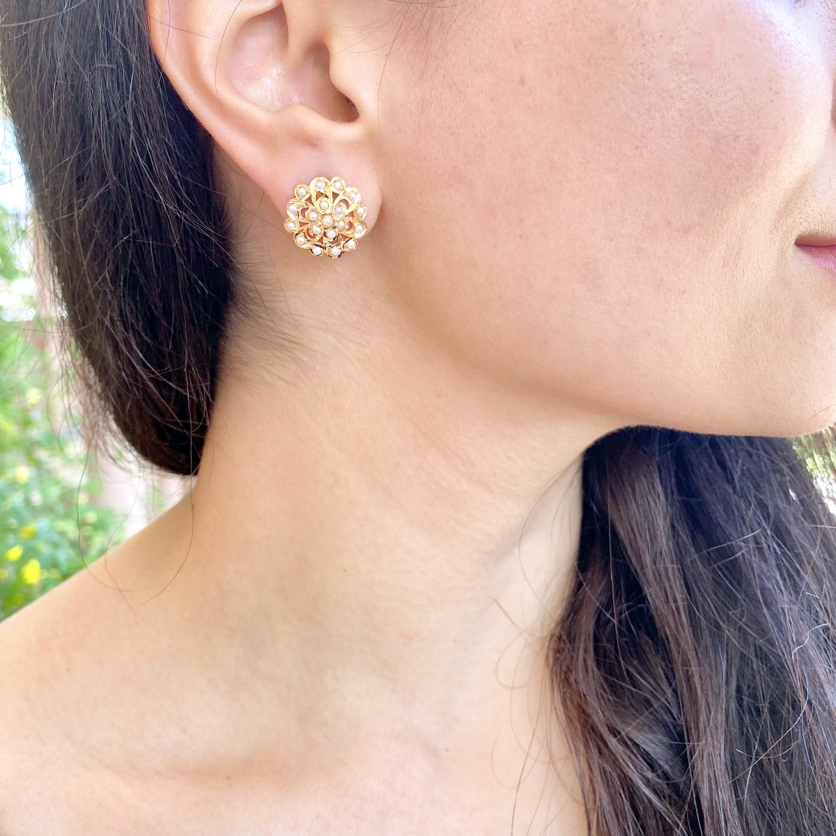 round pearl studs on gold