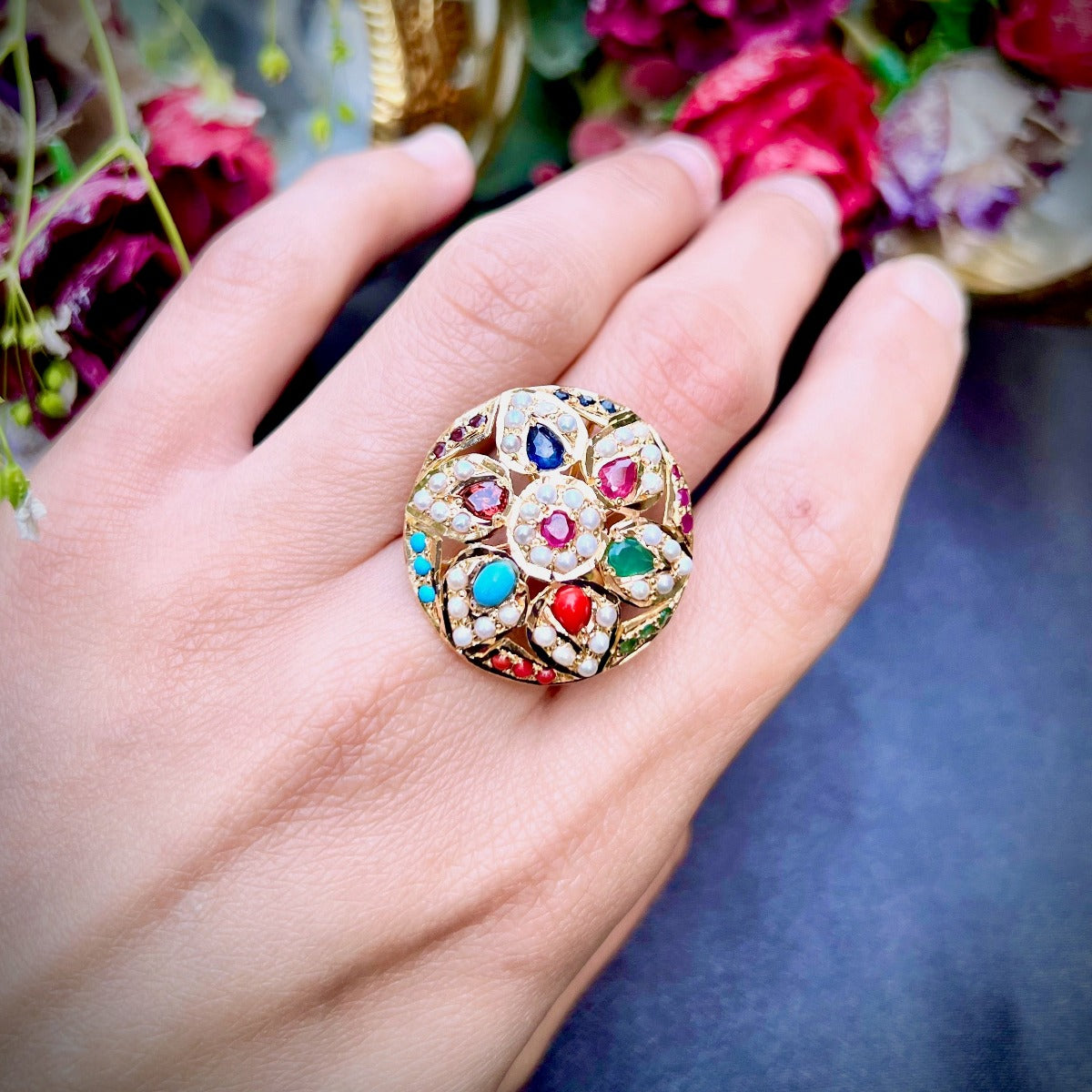 womens gold ring navratna