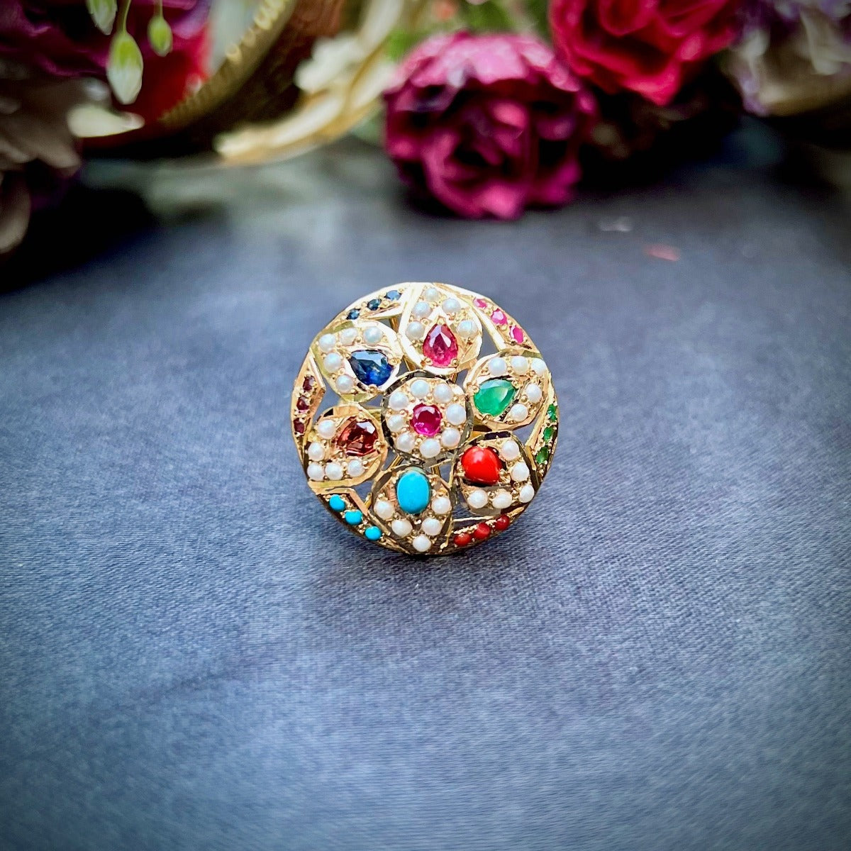 womens gold ring navratna