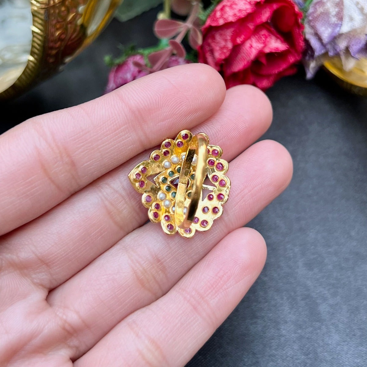 ruby emerald pearl jadau ring 22k gold