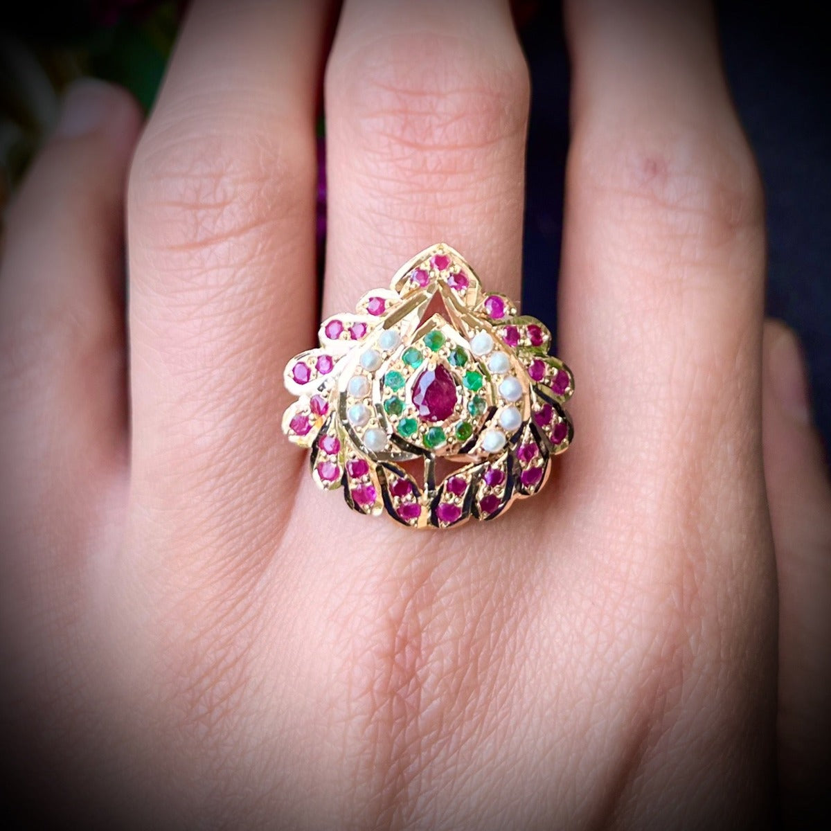 ruby emerald pearl jadau ring 22k gold