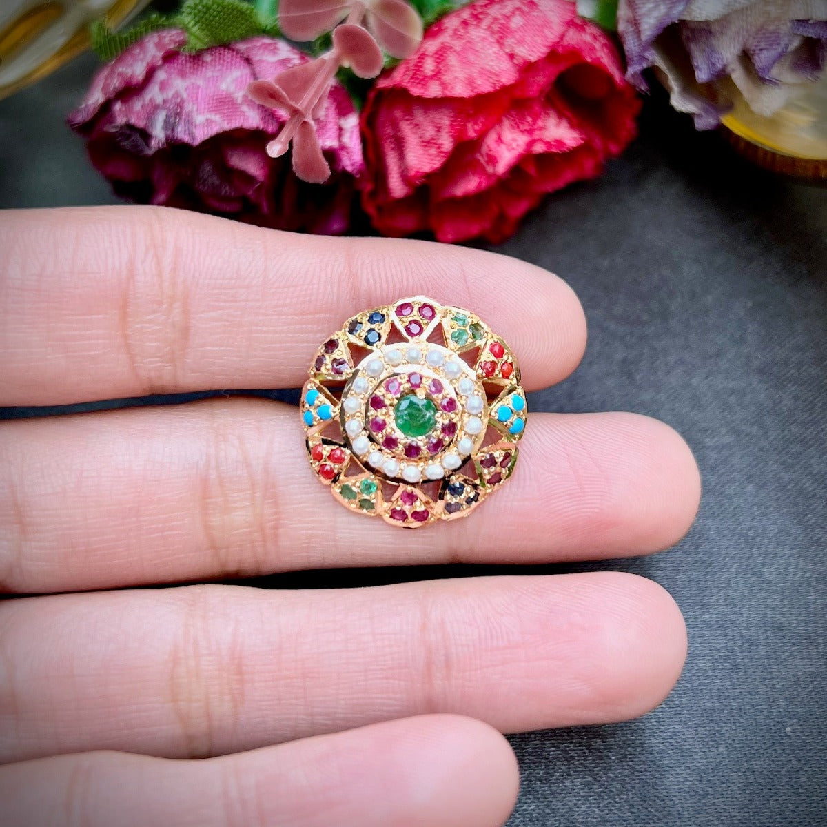navratan ladies ring in 22k gold glr 014