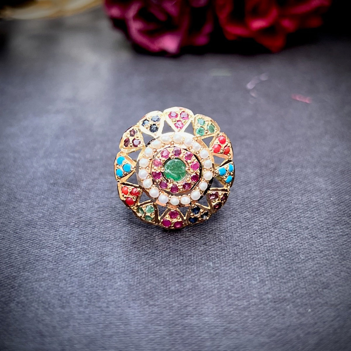 navratan ladies ring in 22k gold glr 014