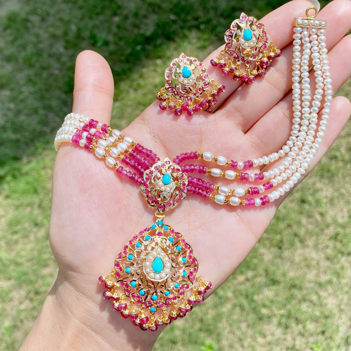 ruby turquoise pearl necklace gold