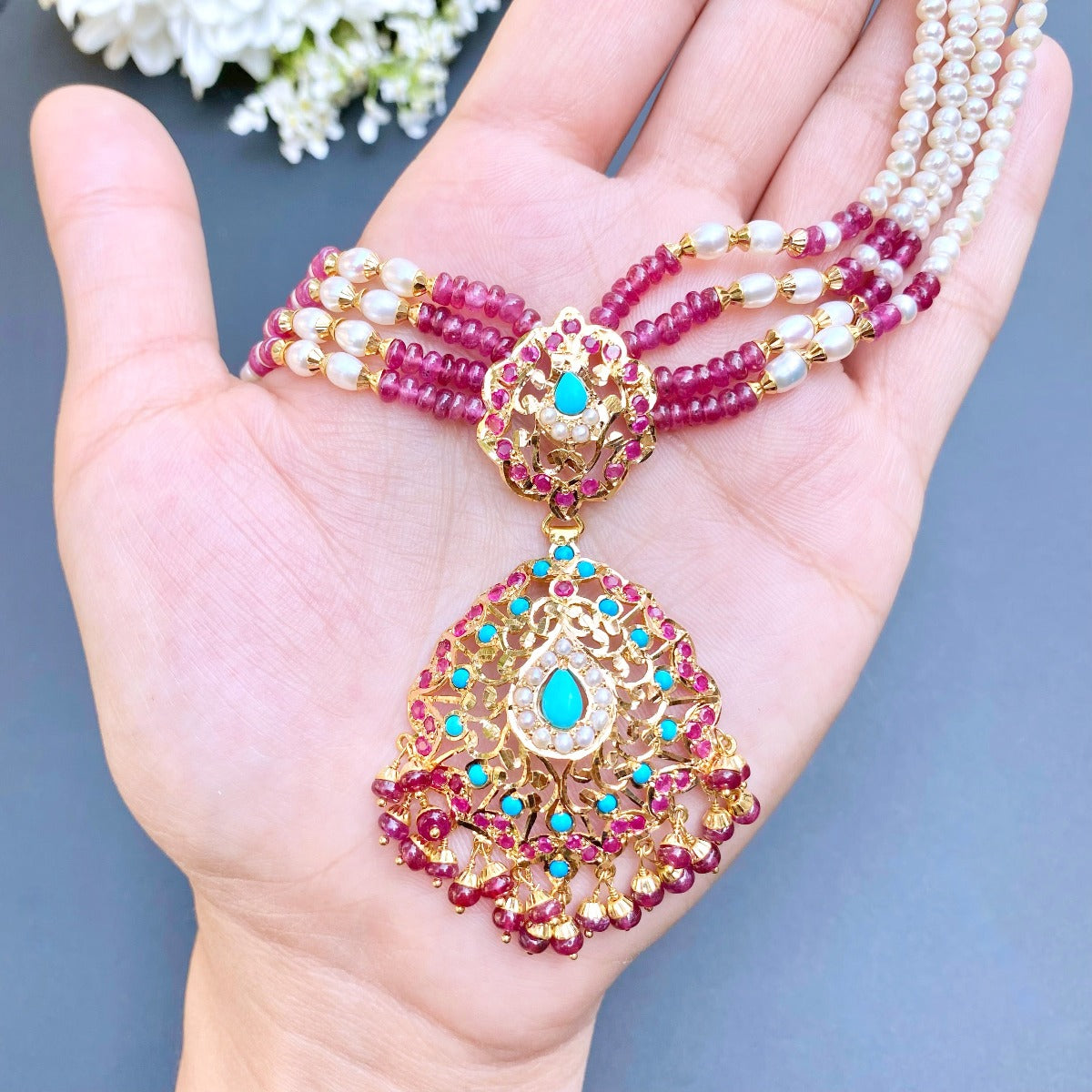 ruby turquoise pearl necklace gold