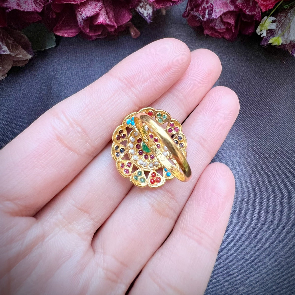 navratan ladies ring in 22k gold glr 014