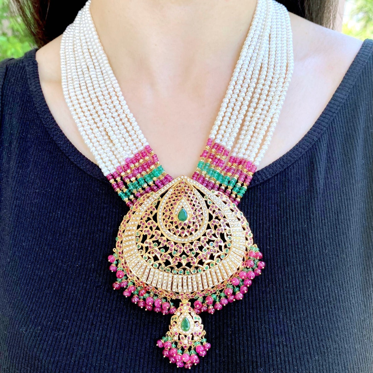 real gold bengali ranihaar set with real pearls and ruby emerald