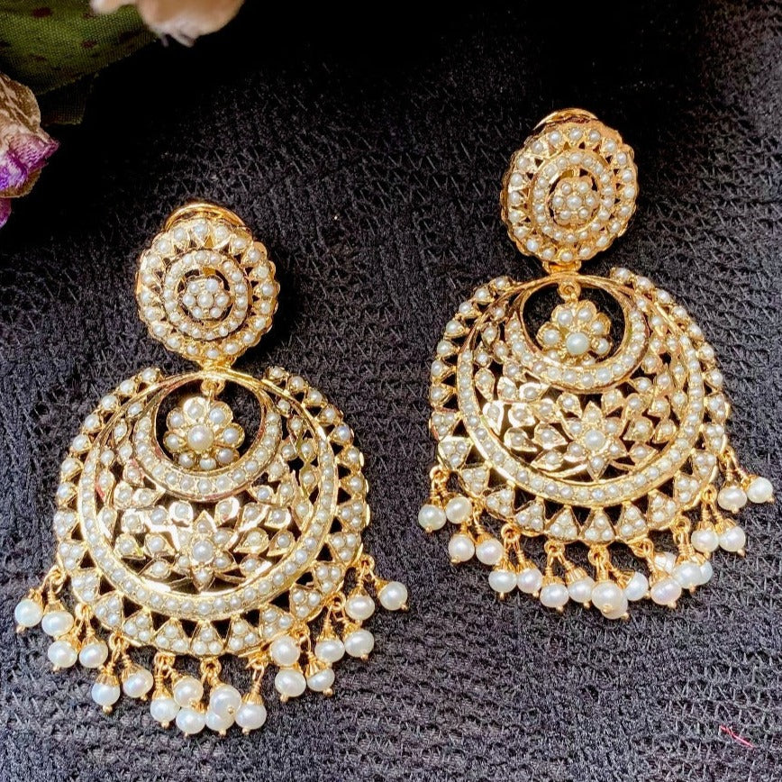 Fine Pearl Chandbali Earrings | Drop & Dangle | Large Chadbali | Gold Plated on silver