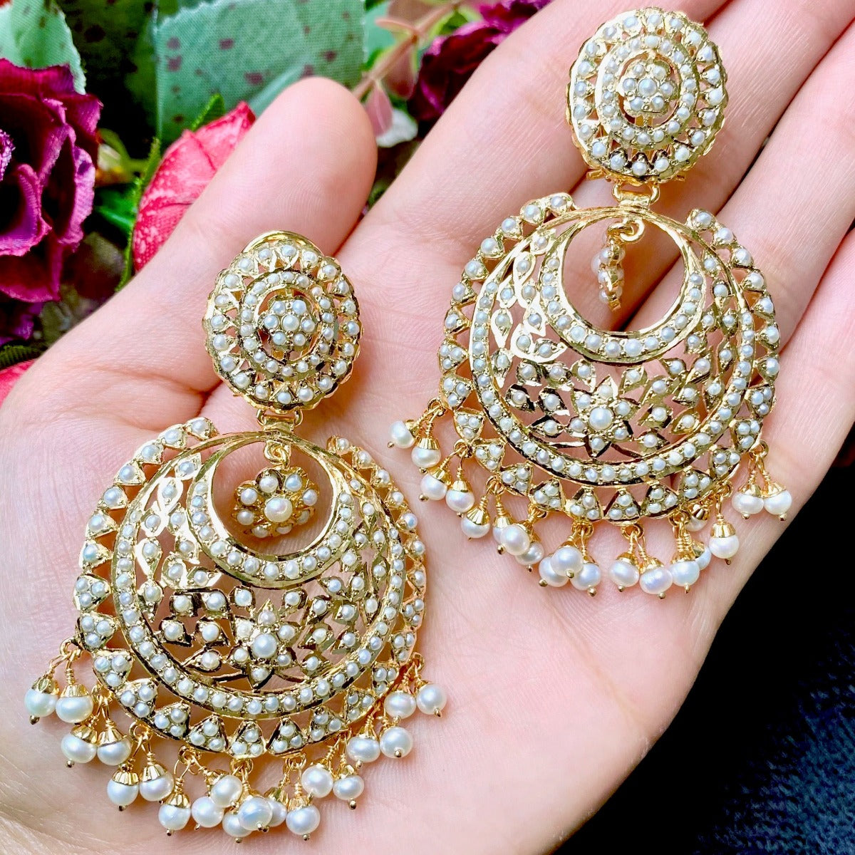 Fine Pearl Chandbali Earrings | Drop & Dangle | Large Chadbali | Gold Plated ER 216