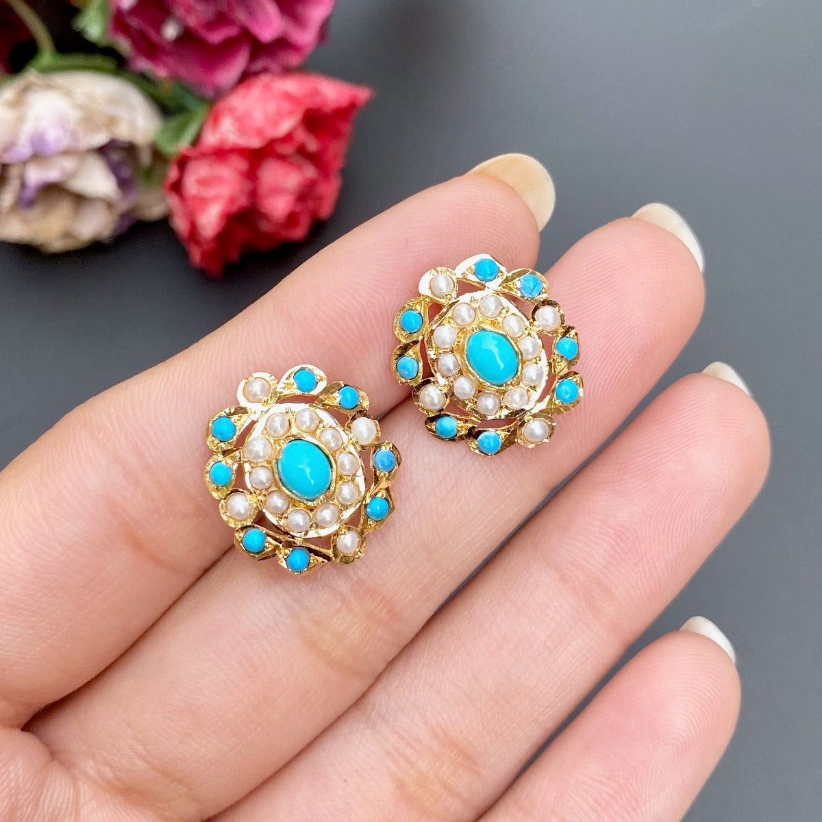 turquoise studs on real gold