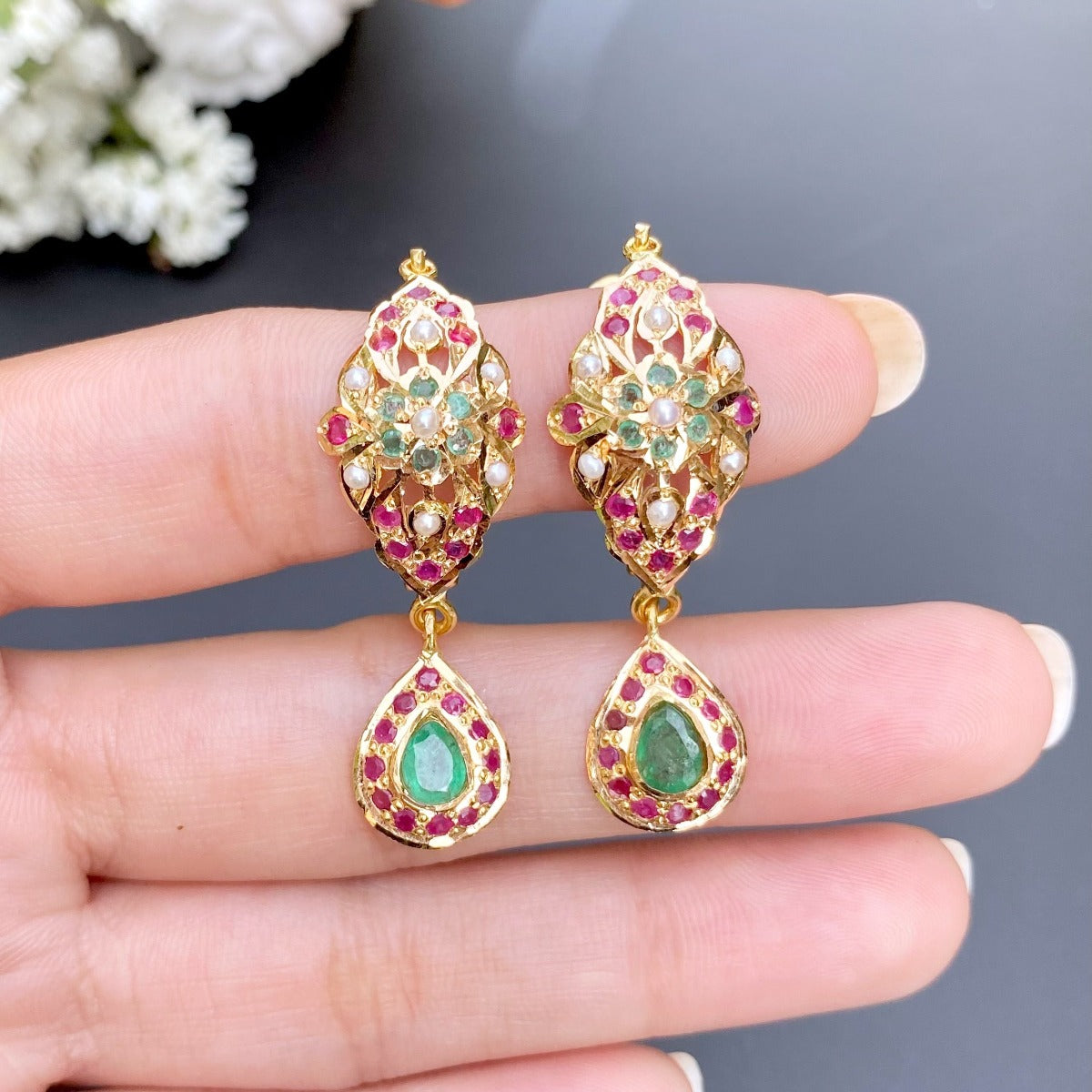 22k gold hoop earrings studded with ruby emerald