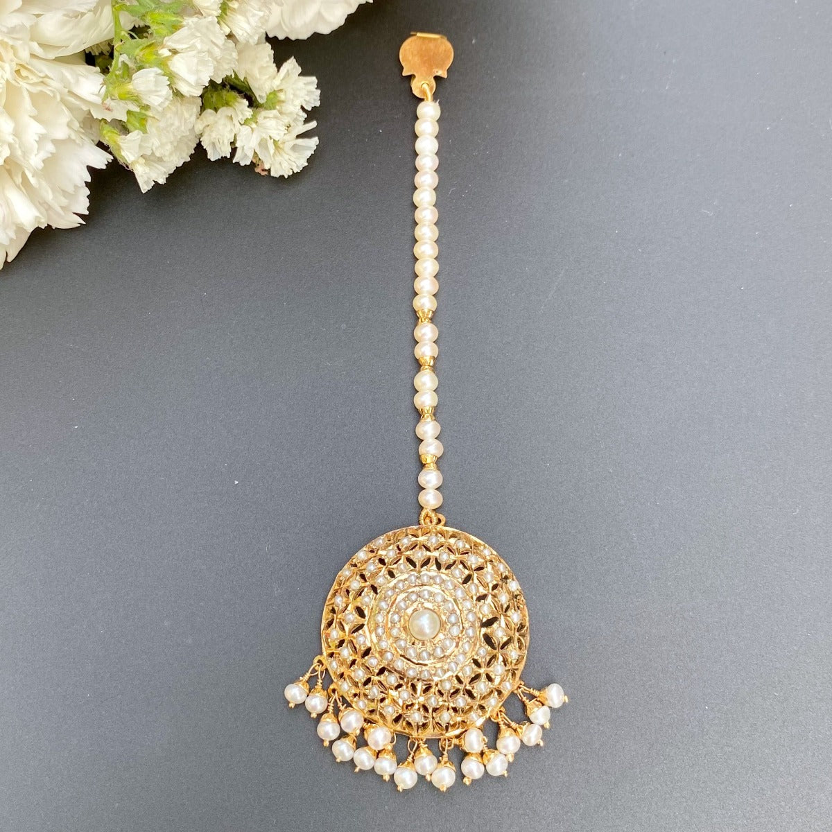 Gold Plated Pearl Teeka | Intricate Round Design | Silver Based TK 066