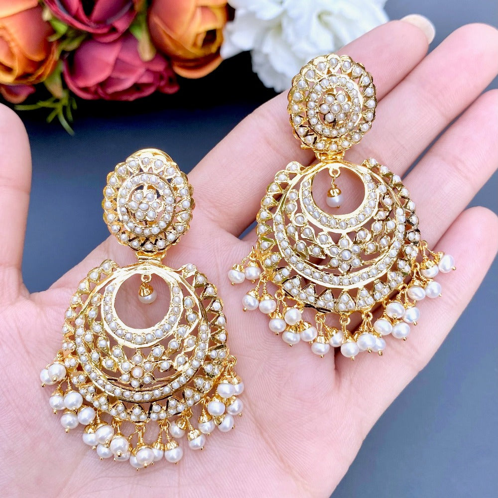 gold plated pearl chandbalis in silver