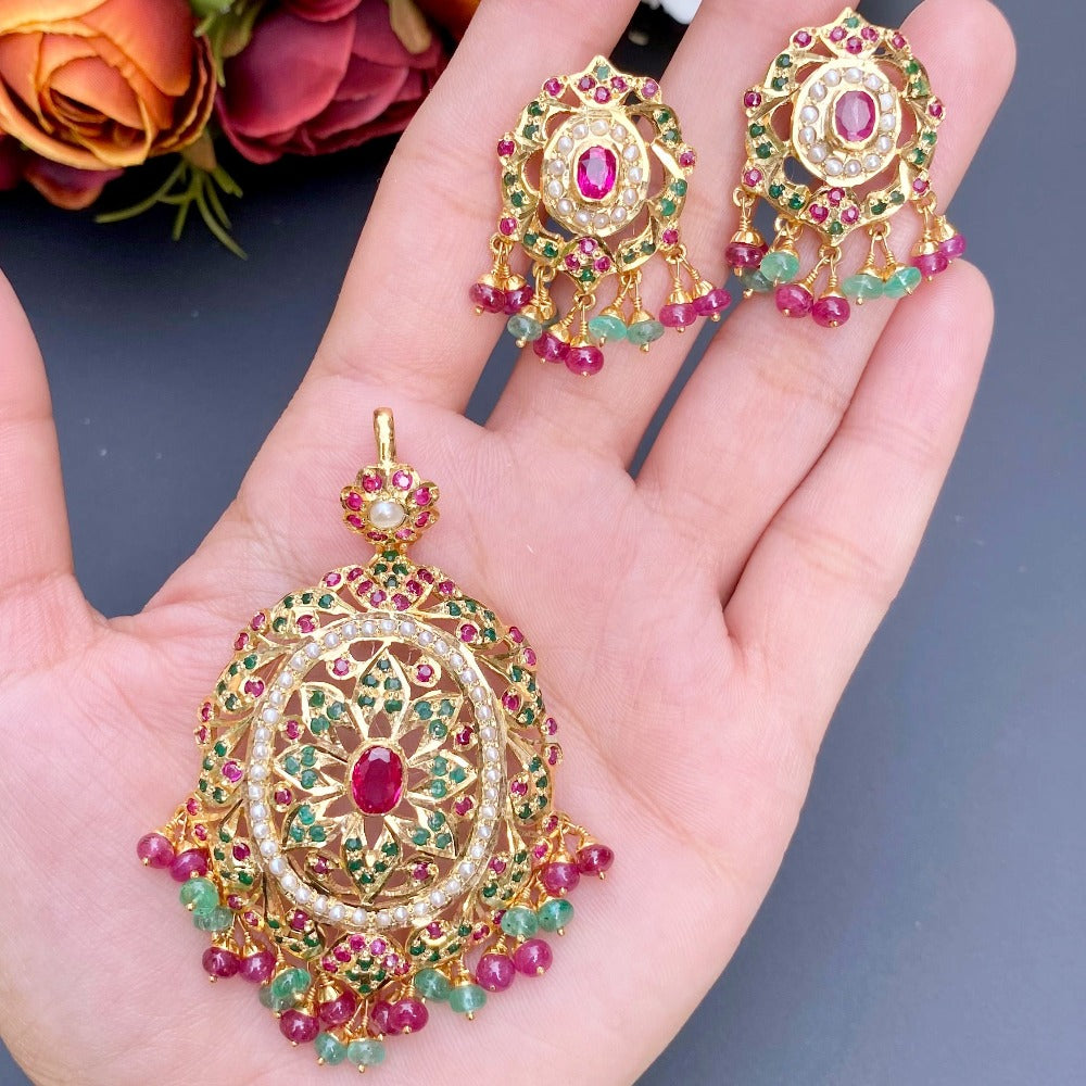 amritsari jadau pendant set with ruby emerald