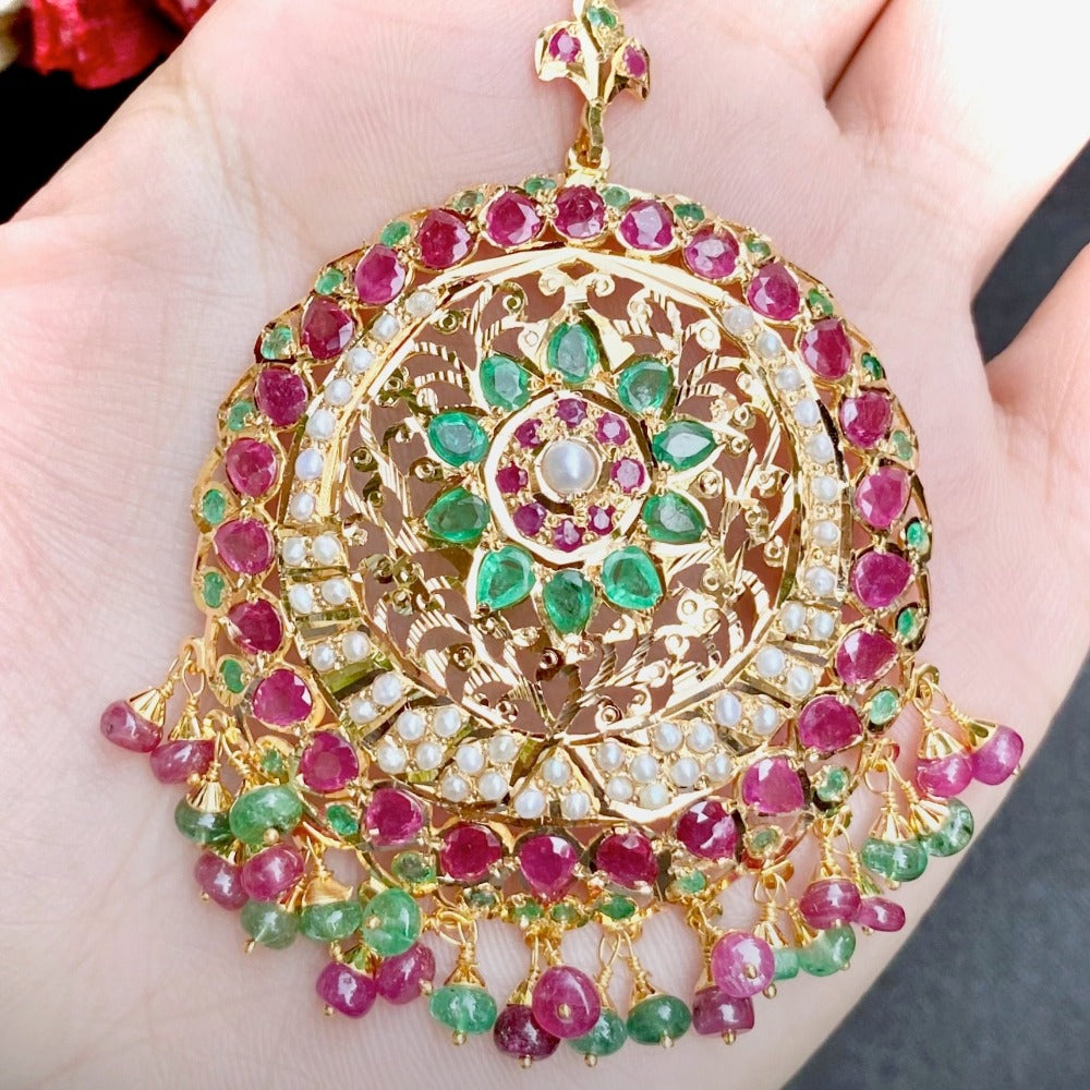 gold maang teeka with ruby emerald and pearls
