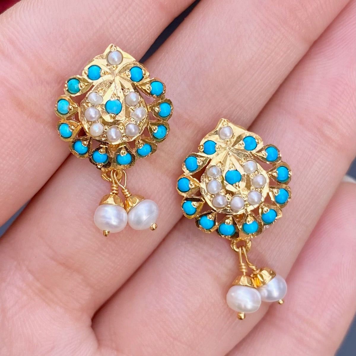 Turquoise & Pearl Pendant Earrings Set | Gold Plated Silver PS 086