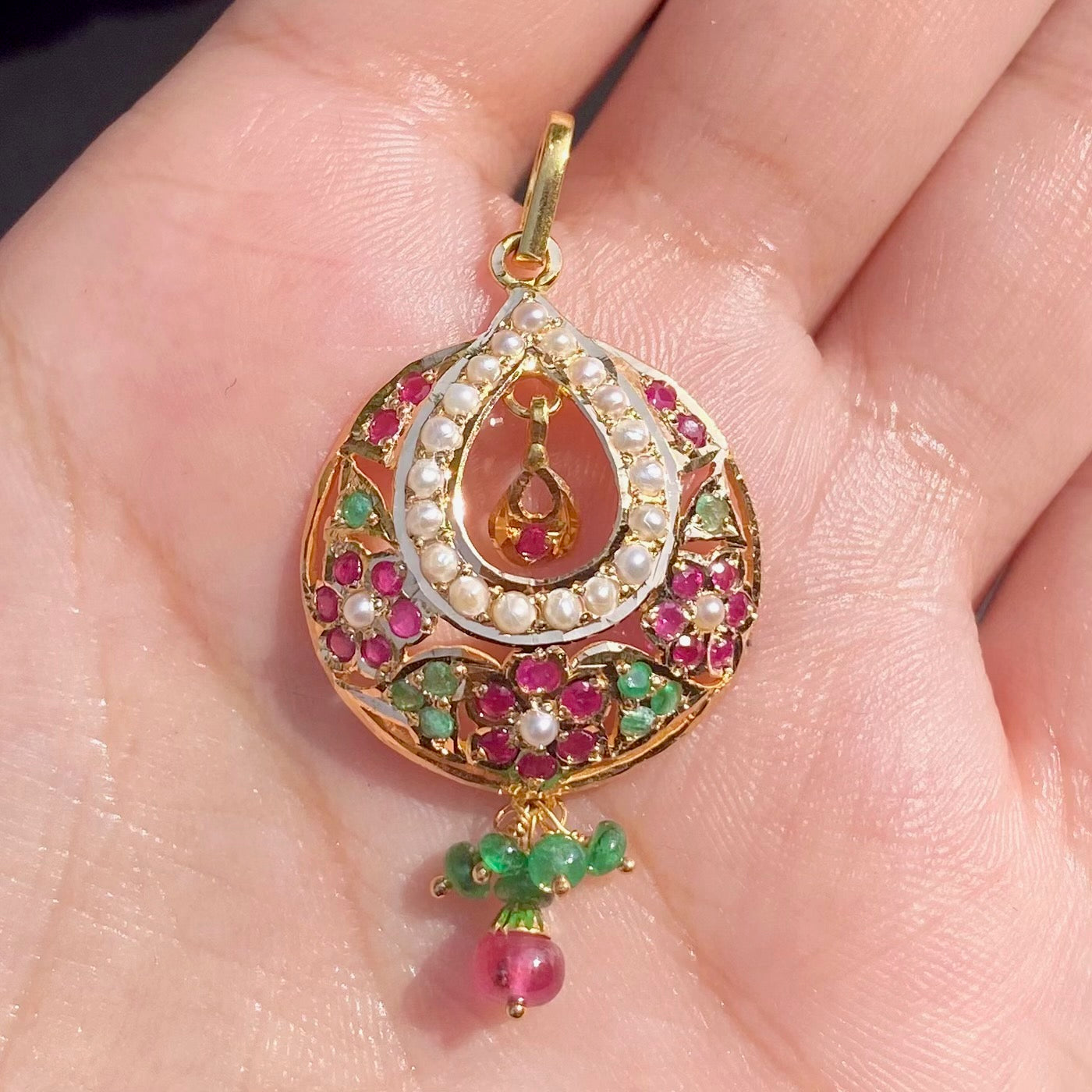 delicate pendant only in 22k gold studded with rubies emeralds and pearls gp 003