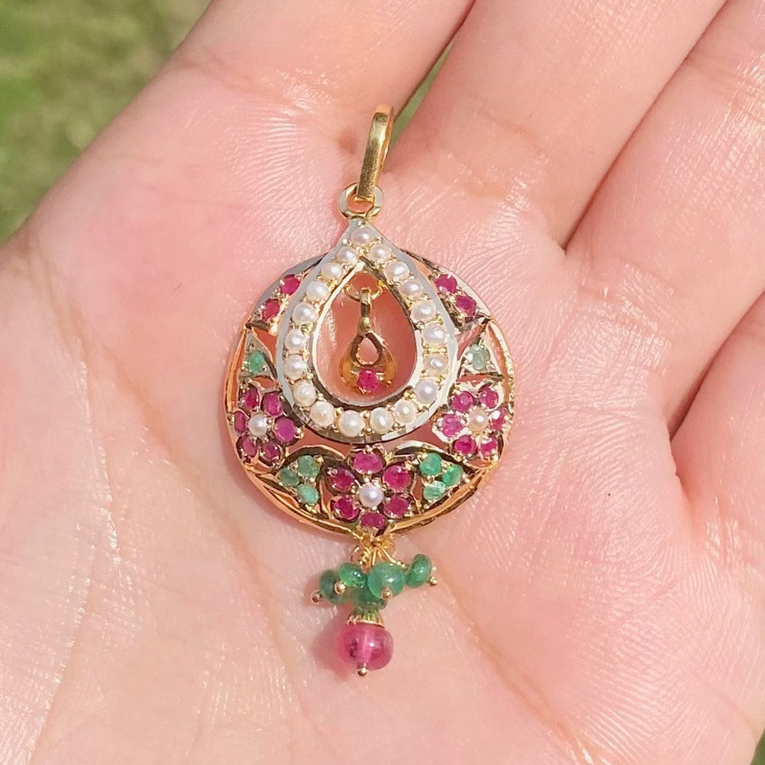 delicate pendant only in 22k gold studded with rubies emeralds and pearls gp 003