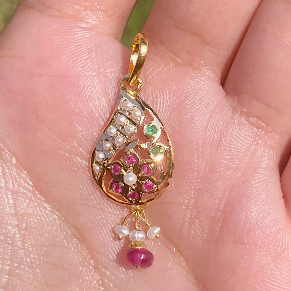 delicate ruby pearl pendant only in 22k gold studded with precious stones gp 008