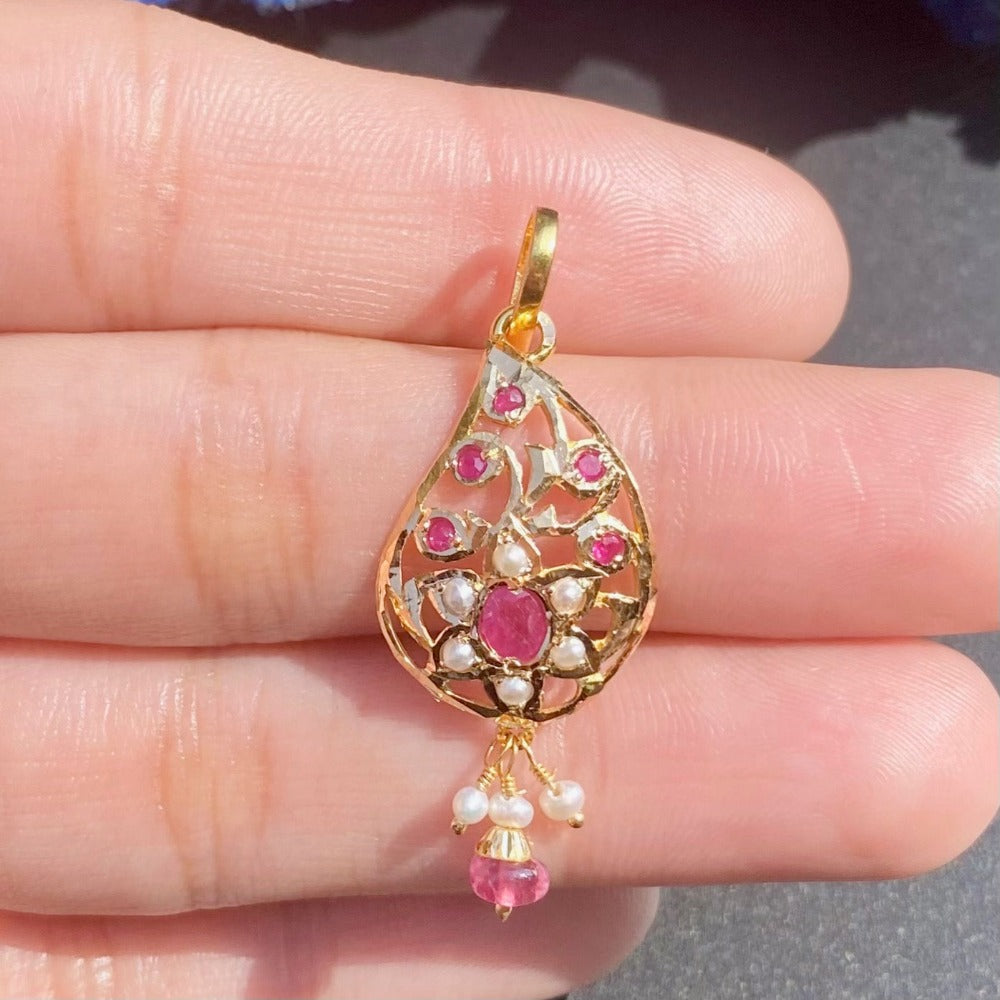 Delicate Ruby-Pearl Pendant only in 22k Gold studded with Precious Stones GP 006