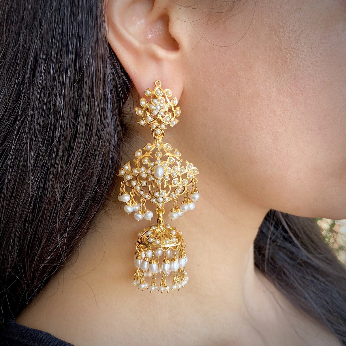long pearl jhumka earrings antique design gold plated silver