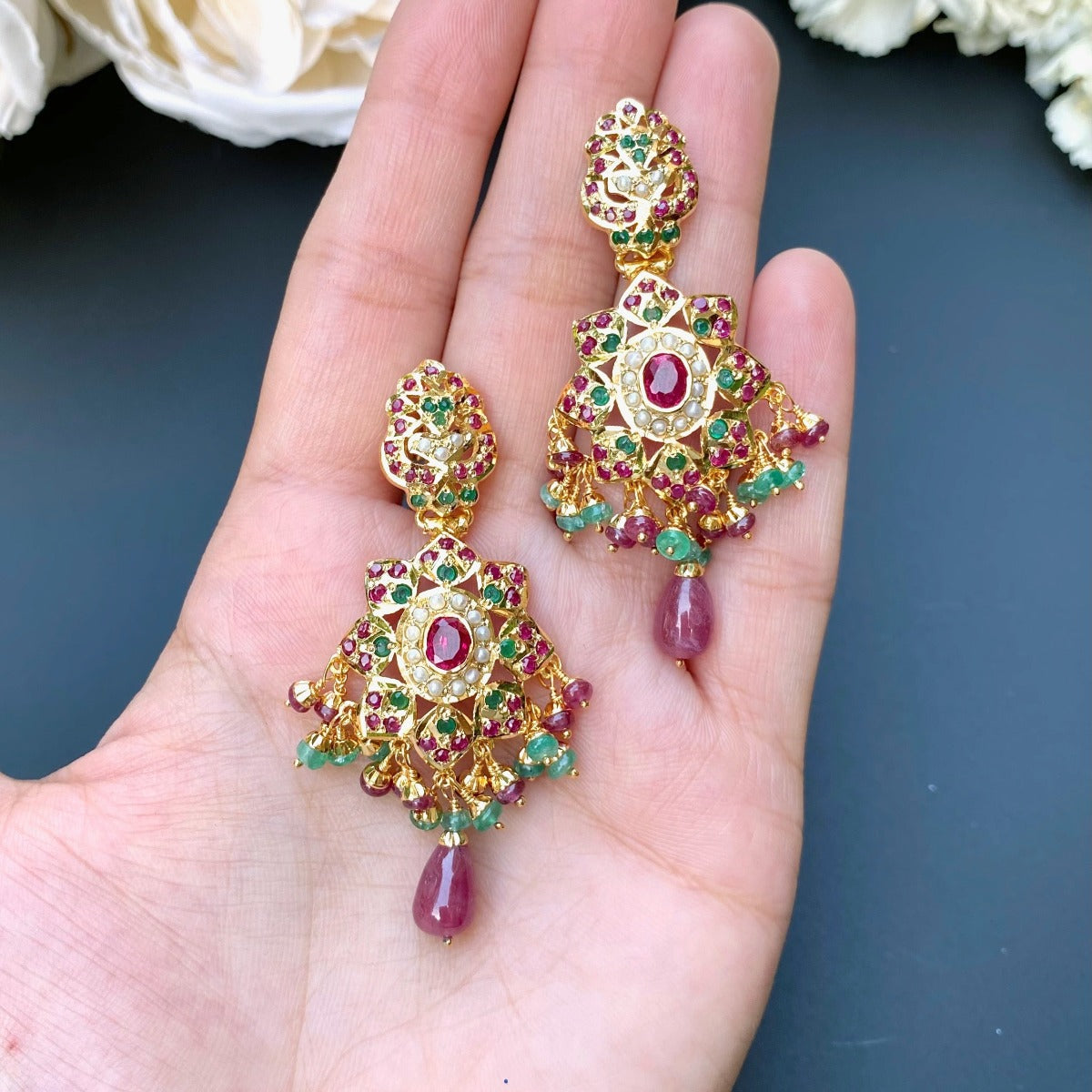 hyderabadi ruby emerald earrings in gold plated silver