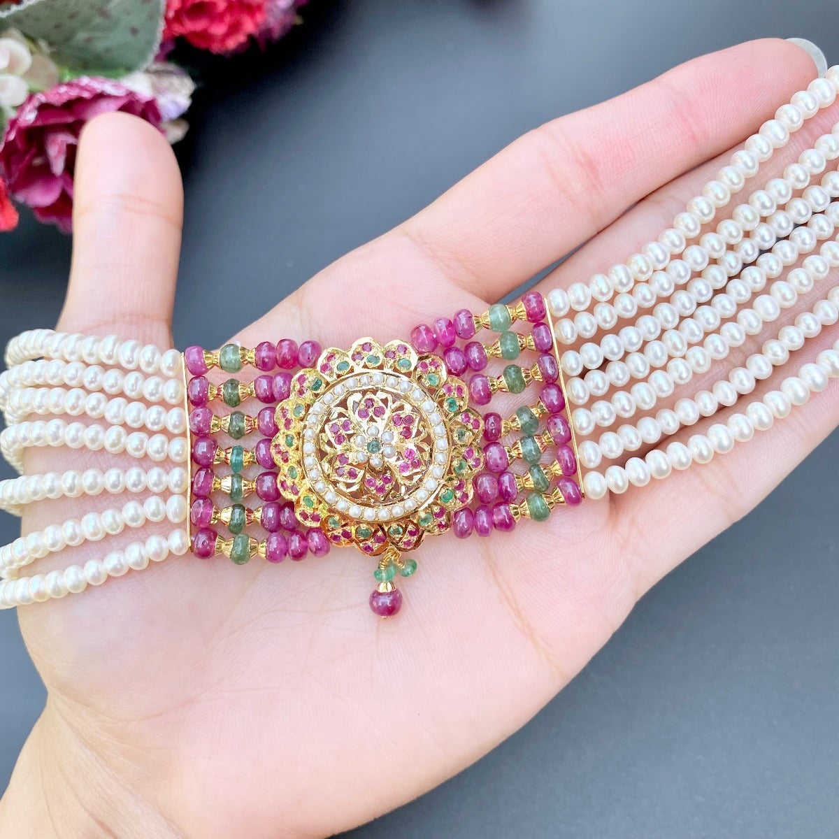 gold choker ruby emerald pearls