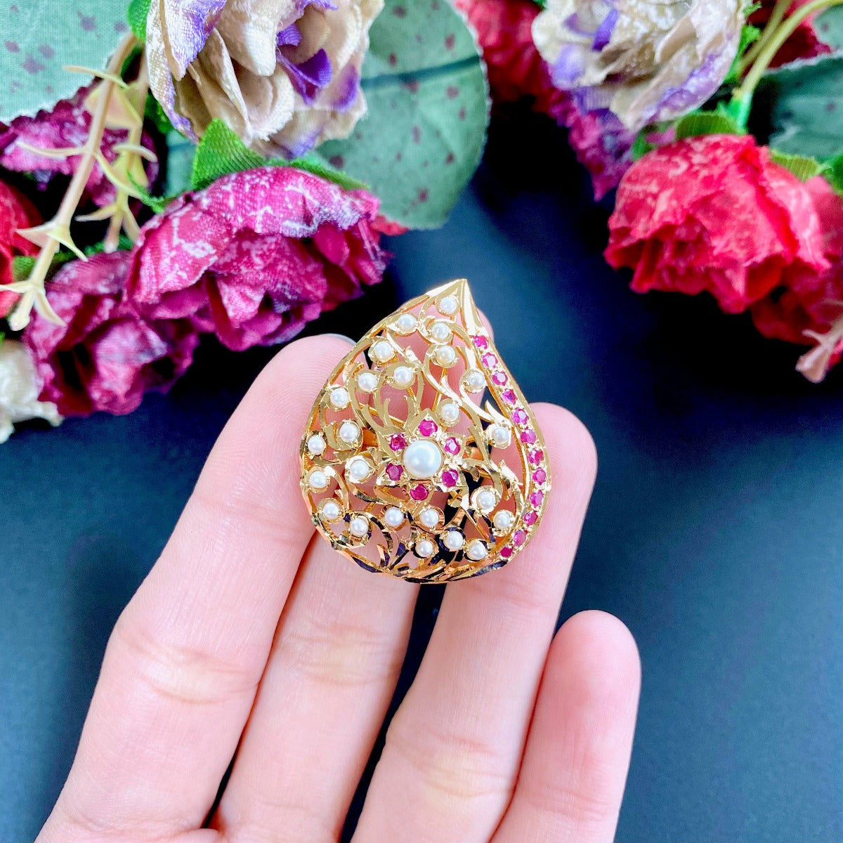 ruby pearl jadau ring gold