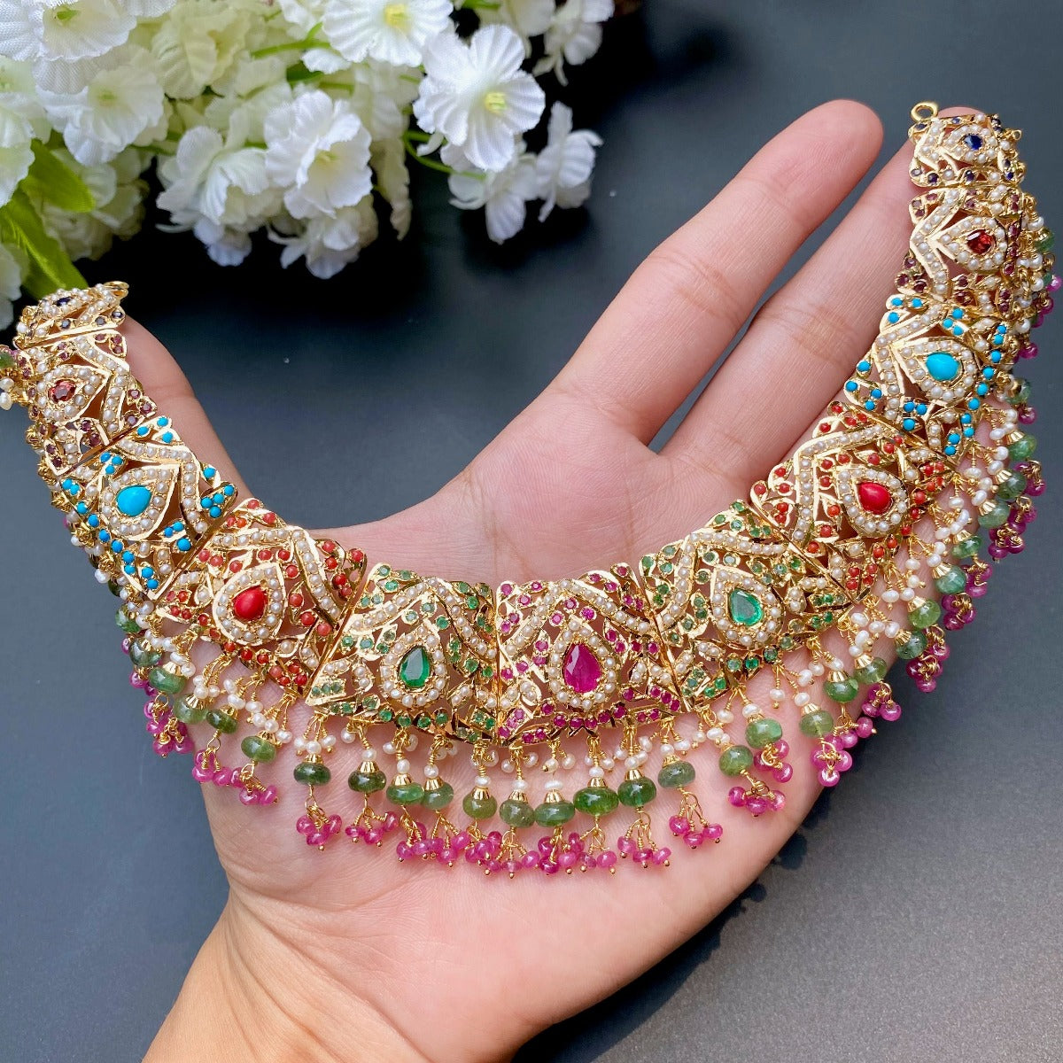 22 karat gold bridal navratna necklace for women