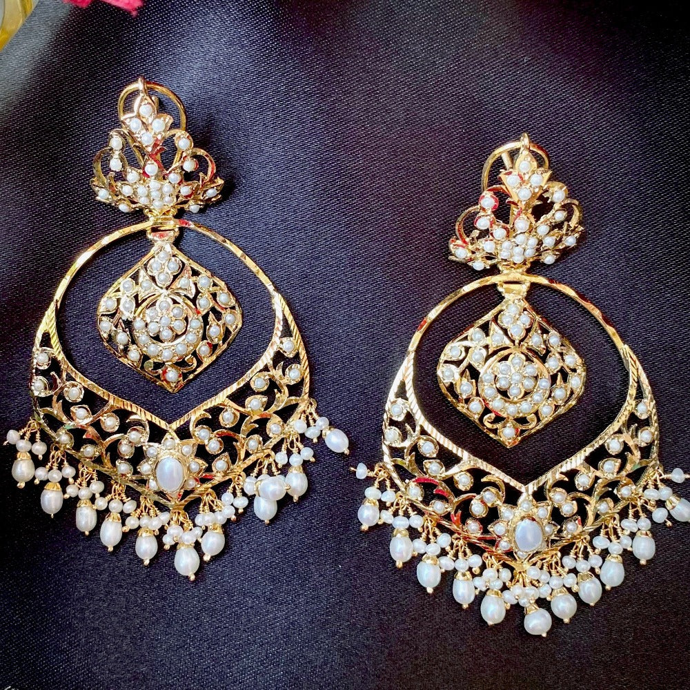 Large Pearl Chandbali Earrings | Statement Jewelry Piece | Gold Plated