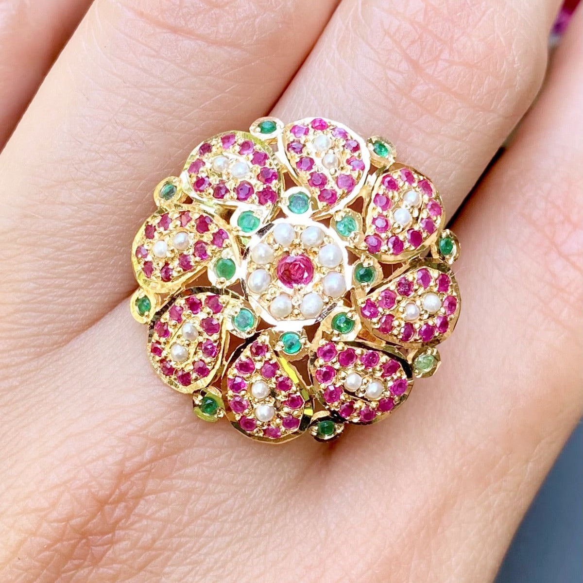 Jadau Ring For Ladies | 22ct Hallmarked Gold |  Ruby Emerald & Pearls GLR 097