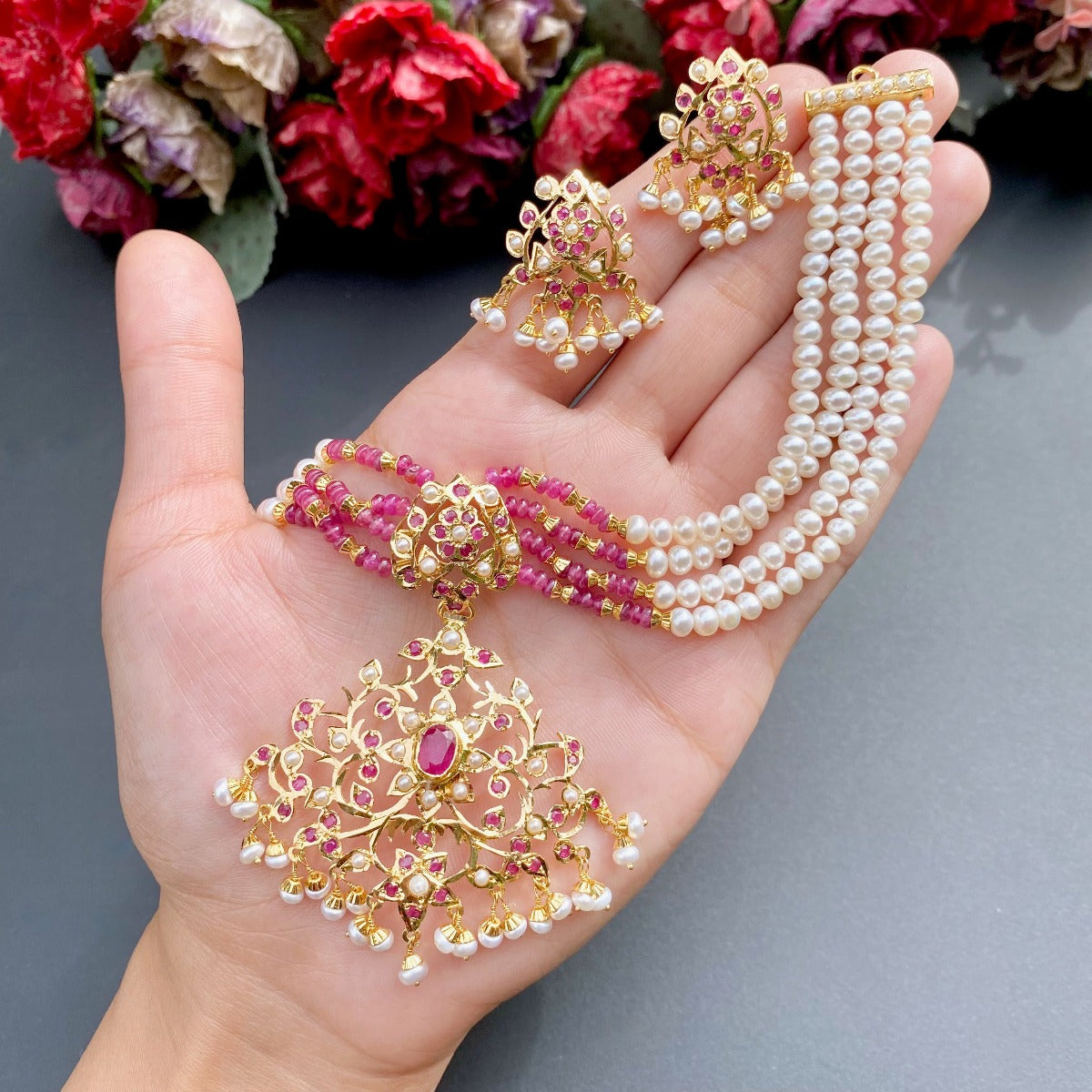 ruby pearl choker on solid 22k gold