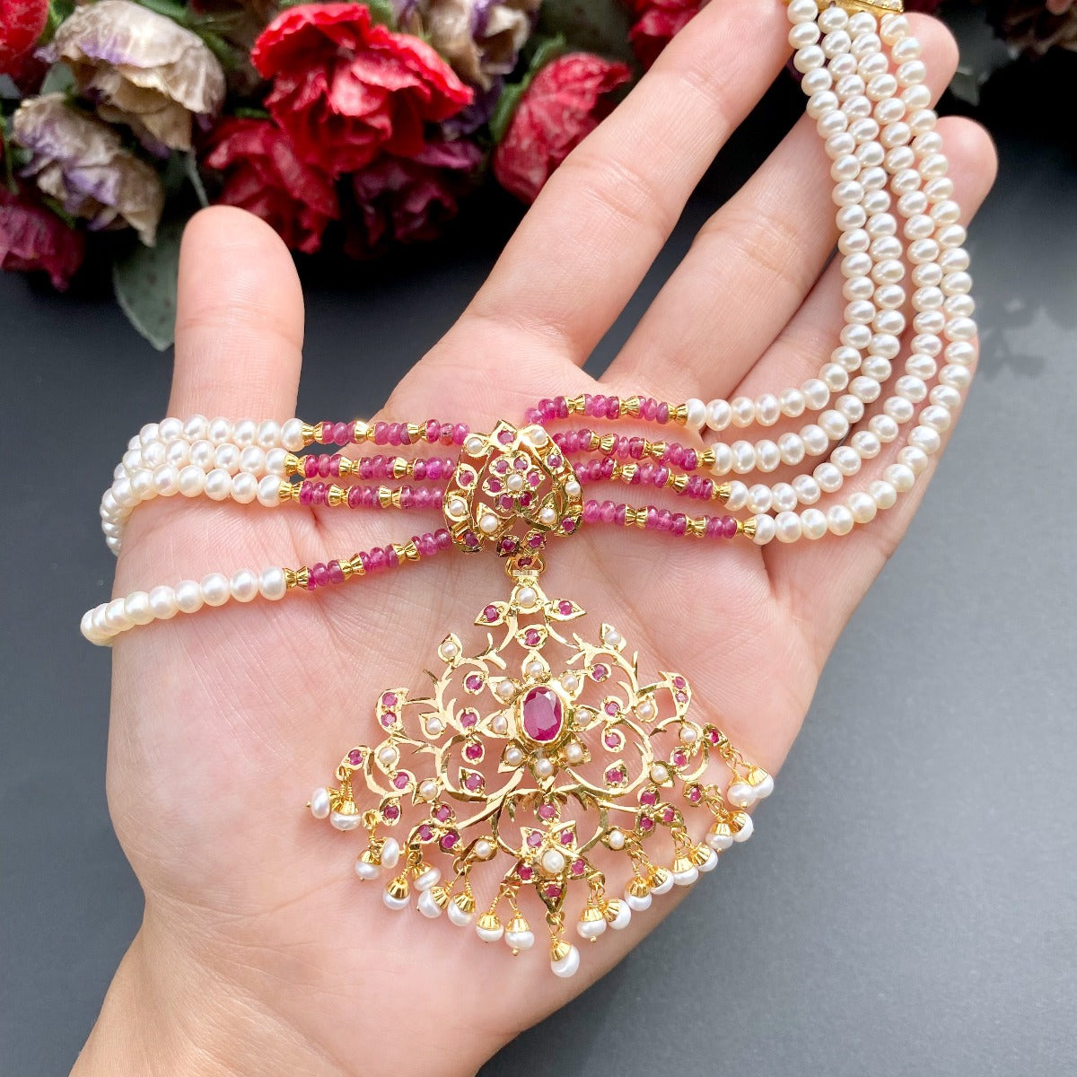 ruby pearl choker on solid 22k gold